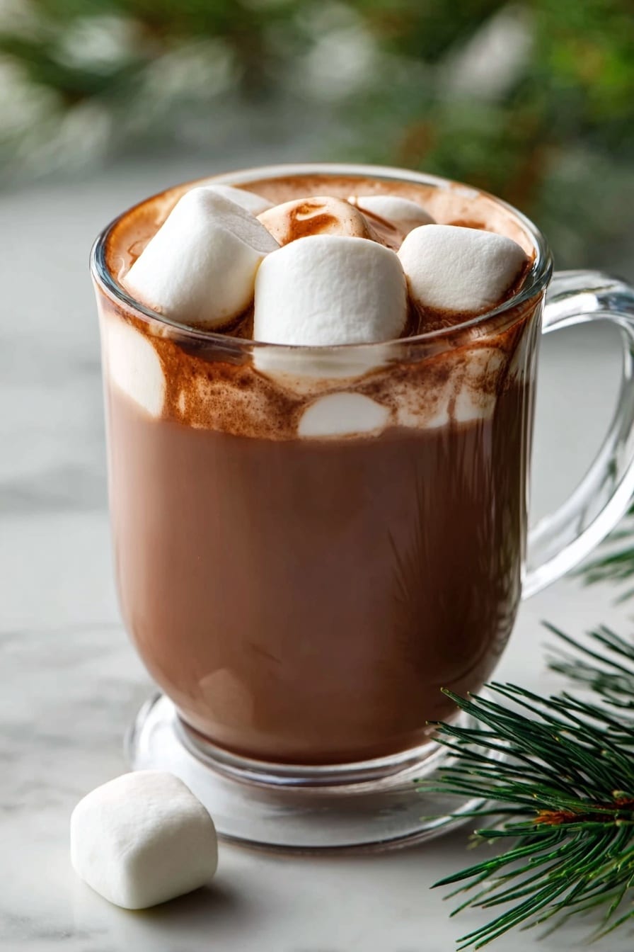 A white oval dish filled with smooth, rich brown hot chocolate, topped with several white marshmallows that have begun to melt slightly around the edges, floating on the surface. The dish is placed on a white marbled surface with a small white bowl of extra marshmallows nearby, along with a gray whisk and a checkered cloth in beige and white tones. The textures show the creamy hot chocolate contrasting with the soft, fluffy marshmallows, and the scene is cozy and inviting. photo taken with an iphone --ar 2:3 --v 7 - Slow Cooker Hot Chocolate with Chocolate and Vanilla, cozy hot chocolate, creamy hot chocolate, easy hot chocolate recipe, comforting winter drinks
