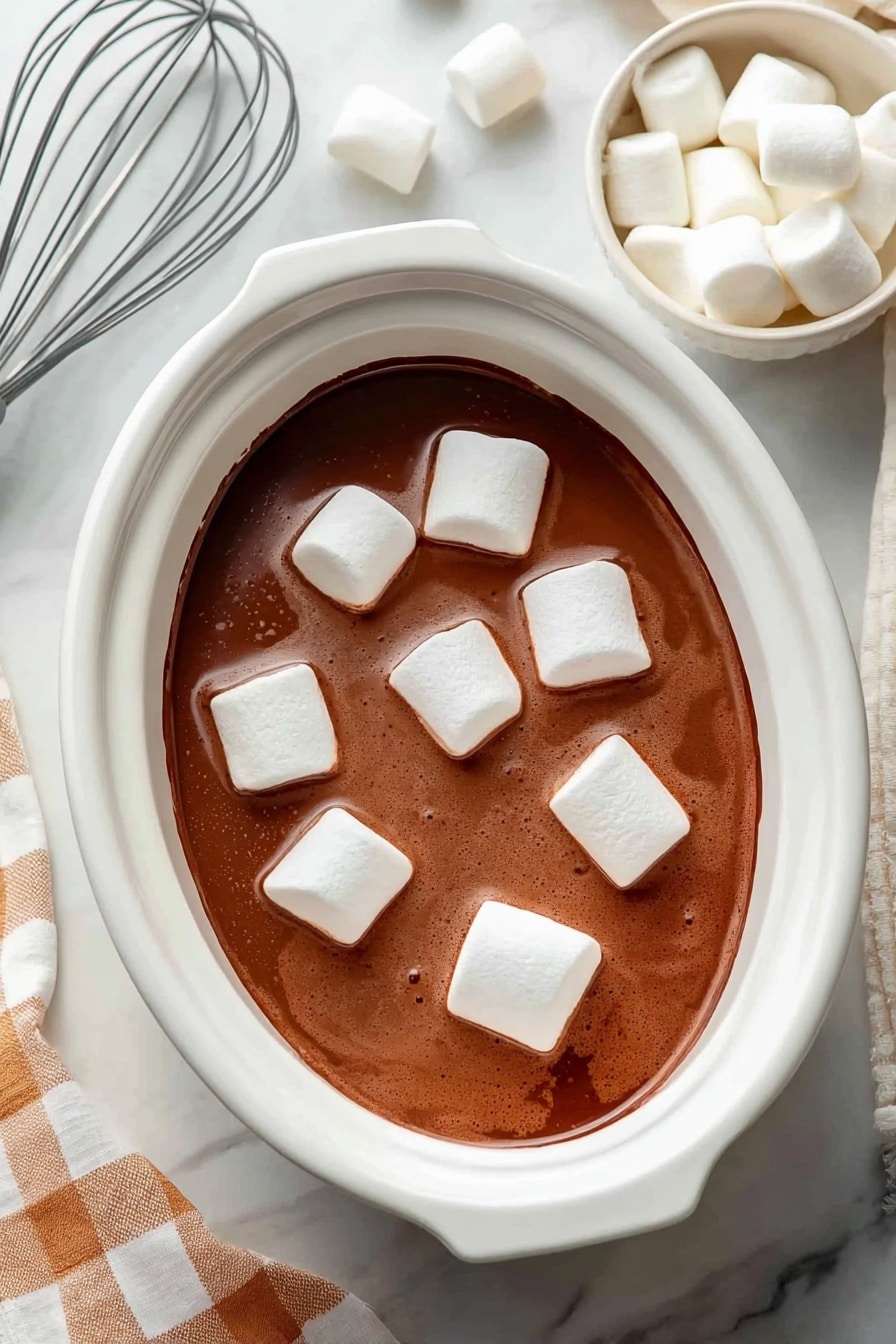 A clear glass mug filled with creamy brown hot chocolate topped with four large white marshmallows slightly melted at the edges with a light brown swirl from the chocolate, placed on a white marbled surface with a green pine branch near the bottom right side. One white marshmallow lies outside the mug near the base. The background is blurred with hints of green. Photo taken with an iphone --ar 2:3 --v 7 - Slow Cooker Hot Chocolate with Chocolate and Vanilla, cozy hot chocolate, creamy hot chocolate, easy hot chocolate recipe, comforting winter drinks