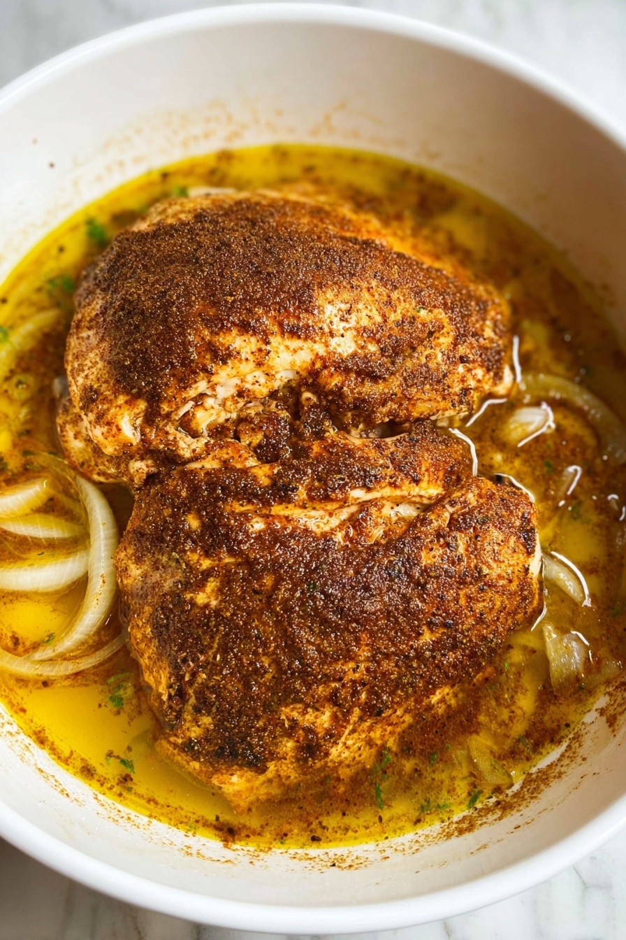 Slow Cooker Turkey Breast Recipe 6 The image shows a white bowl with two large pieces of cooked chicken covered in a dark brown spice rub, sitting in a shallow pool of golden yellow broth with visible thin slices of cooked onions underneath. The chicken has a textured, slightly crispy surface, and the broth surrounds the chicken, filling the bottom of the bowl. The background is a white marbled texture. photo taken with an iphone --ar 2:3 --v 7 - Slow Cooker Turkey Breast, Turkey Breast Recipe, Juicy Turkey Breast, Easy Holiday Turkey, Tender Slow Cooker Turkey