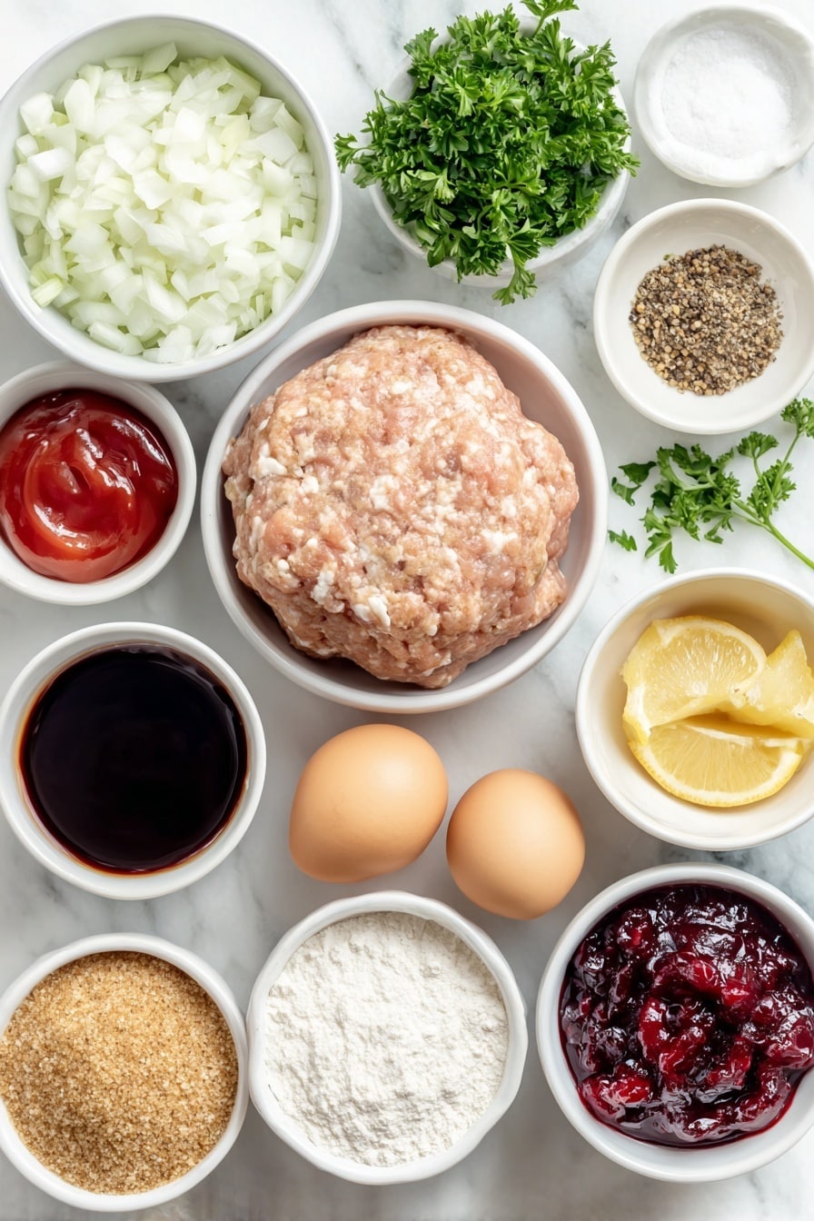Cranberry Pork Meatballs Recipe 7 Flat lay of a small white bowl filled with finely chopped small onion, a portion of fresh extra lean ground pork shaped loosely in a mound, a small white bowl of panko breadcrumbs, two whole uncracked brown eggs, a small white bowl of bright red ketchup, a small white bowl holding dark Worcestershire sauce, a small bunch of fresh flat-leaf parsley with chopped sprigs scattered nearby, a small white bowl of coarse salt, a small white bowl of whole black peppercorns, a small white bowl of deep red whole berry cranberry sauce, a small white bowl of packed brown sugar, a small white bowl with freshly squeezed lemon juice and a few lemon wedges, all arranged with perfect symmetry and balanced spacing on a clean white marble surface, soft natural light, photo taken with an iPhone, professional food photography style, fresh ingredients, white ceramic bowls, no bottles, no duplicates, no utensils, no packaging --ar 2:3 --v 7 --p m7354615311229779997 - Cranberry Pork Meatballs, Cranberry Pork Meatballs Recipe, Sweet and Savory Meatballs, Holiday Meatball Idea, Easy Pork Meatball Recipes