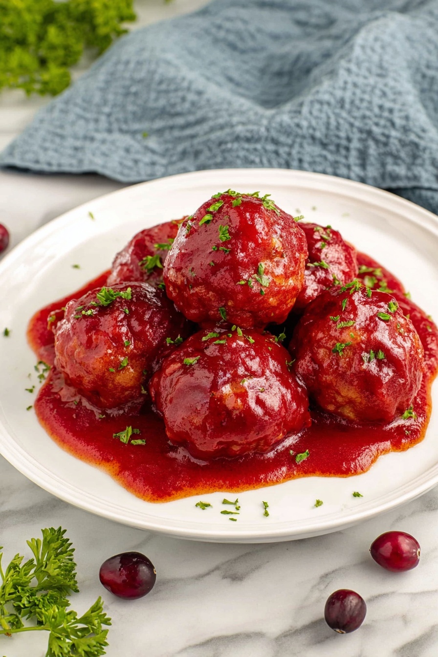 Cranberry Pork Meatballs Recipe 6 A white plate holds five round meatballs covered in thick, bright red sauce with a smooth texture. The sauce pools slightly around the meatballs at the base. Small bits of green herbs are sprinkled over the meatballs and sauce. The plate rests on a white marbled surface with fresh green herbs and a few dark red cranberries scattered nearby, with a soft blue cloth in the background. Photo taken with an iphone --ar 2:3 --v 7 - Cranberry Pork Meatballs, Cranberry Pork Meatballs Recipe, Sweet and Savory Meatballs, Holiday Meatball Idea, Easy Pork Meatball Recipes