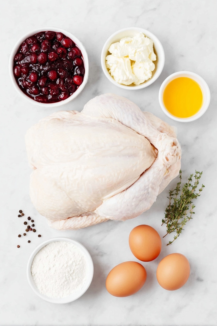 Crock Pot Cranberry Turkey Breast Recipe 7 Flat lay of a whole boneless turkey breast with netting intact, a small mound of coarse salt crystals, a few whole black peppercorns scattered, a small white ceramic bowl filled with glossy whole berry cranberry sauce, a small white ceramic bowl containing bright orange fresh orange juice, a small white ceramic bowl holding fine onion soup seasoning powder, a small white ceramic bowl with a smooth pale cornstarch powder, a small white ceramic bowl with clear cold water, and two large clean whole brown eggs placed neatly, all arranged in perfect symmetry on a clean white marble surface, soft natural light, photo taken with an iPhone, professional food photography style, fresh ingredients, white ceramic bowls, no bottles, no duplicates, no utensils, no packaging --ar 2:3 --v 7 --p m7354615311229779997 - Crock Pot Cranberry Turkey Breast, slow cooker turkey recipe, festive turkey dinner, cranberry orange turkey, juicy turkey breast slow cooker