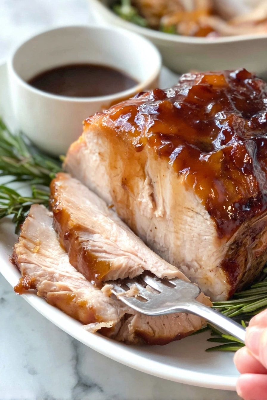 Crock Pot Cranberry Turkey Breast Recipe 8 A close-up of a cooked ham with a shiny, golden-brown glaze covering its surface, showing textured lines and pieces of dark brown cloves embedded. The ham rests on sprigs of fresh green rosemary, placed on a white plate with a white marbled background partially visible. The glaze creates a glossy effect that highlights the meat's texture and the herbs around it. Photo taken with an iphone --ar 2:3 --v 7 - Crock Pot Cranberry Turkey Breast, slow cooker turkey recipe, festive turkey dinner, cranberry orange turkey, juicy turkey breast slow cooker