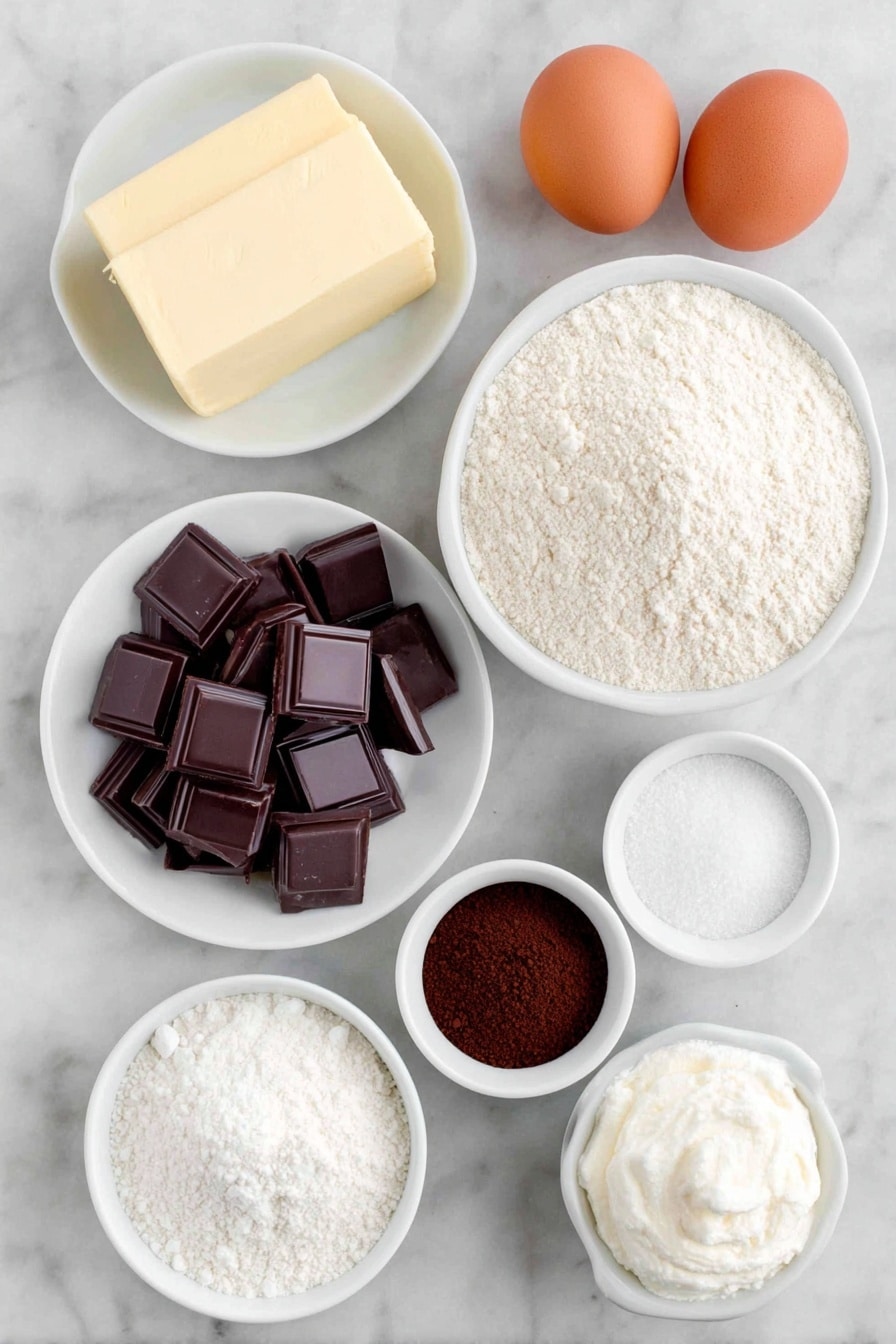 Hot Chocolate Brownie with Marshmallow Frosting Recipe 7 Flat lay of unsalted butter in a small white ceramic bowl, chopped semisweet chocolate pieces on a white ceramic plate, granulated sugar in a small white bowl, two whole brown eggs with clean shells, a small white bowl of vanilla extract, a small white bowl of cocoa powder, a small white bowl with instant coffee granules, all-purpose flour in a small white bowl, a small white bowl of salt, marshmallow fluff dolloped in a small white bowl, powdered sugar in a small white bowl placed symmetrically on a clean white marble surface, soft natural light, photo taken with an iPhone, professional food photography style, fresh ingredients, white ceramic bowls, no bottles, no duplicates, no utensils, no packaging --ar 2:3 --v 7 --p m7354615311229779997 - Hot Chocolate Brownie with Marshmallow Frosting, chocolate brownie with marshmallow topping, fudgy chocolate brownies, marshmallow frosting dessert, cozy chocolate brownie treat