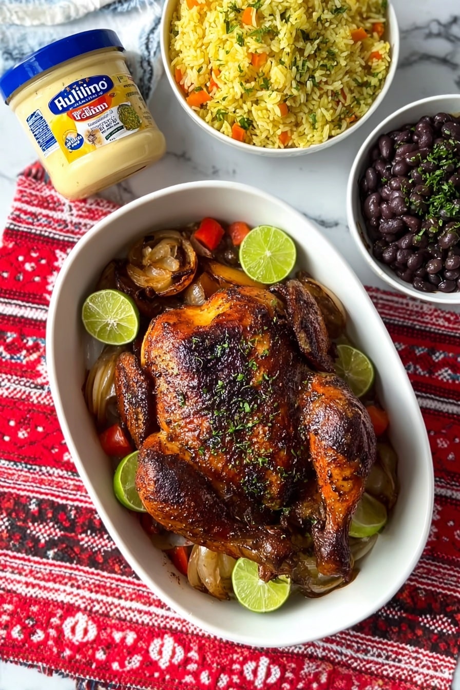 A whole roasted chicken with a dark brown, crispy skin is placed in a white oval dish. The chicken is garnished with small green herbs sprinkled on top, and lime wedges are arranged around it along with roasted vegetables that include slices of onions and red peppers. To the upper right of the chicken dish, there is a white bowl filled with yellow rice mixed with small pieces of vegetables like carrots and green herbs. Next to it, on the far right, another white bowl contains black beans topped with a few green herbs. In the upper left part of the image, a jar of mayonnaise with a blue lid and yellow and blue label is placed on a red woven cloth with white patterns, which is under the main chicken dish. The background surface is a white marbled texture. Photo taken with an iphone --ar 2:3 --v 7 - Latin Mayo Roasted Chicken, Latin Mayo Chicken, flavorful roasted chicken with mayo, spicy adobo chicken, juicy Latin roasted chicken