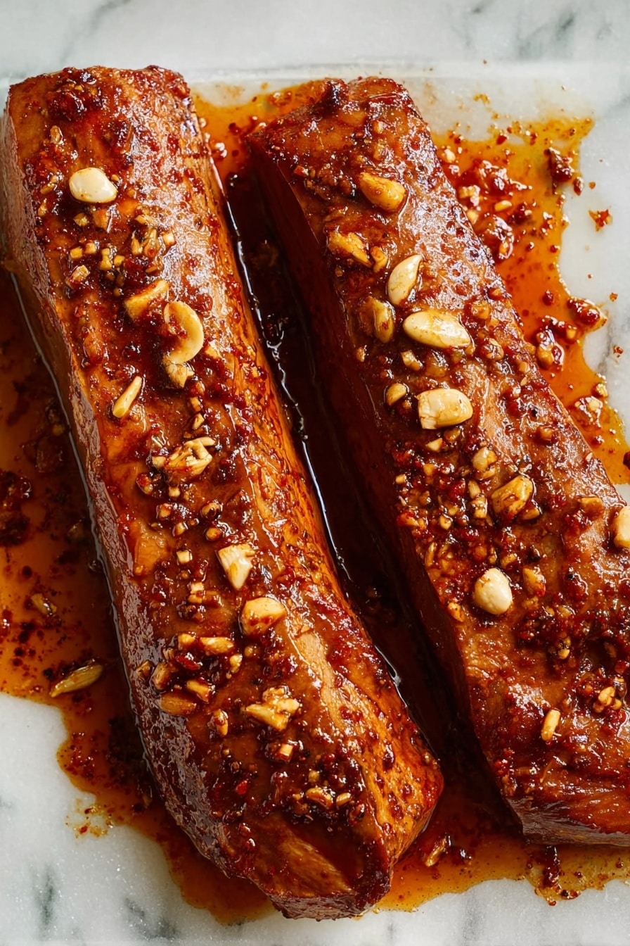 Juicy Pork Tenderloin Roast Recipe 6 The image shows two long meat pieces placed side by side on a white marbled surface. Both meat pieces are covered with a dark orange-brown sauce that has visible spices and small pieces of chopped garlic scattered on top and around them. The texture of the meat looks smooth and moist, with some parts showing a slightly charred or grilled appearance. The sauce pools slightly around the edges, giving a shiny and rich look to the dish. photo taken with an iphone --ar 2:3 --v 7 - Juicy Pork Tenderloin Roast, pork tenderloin dinner, easy pork roast recipe, tender pork loin, flavorful pork roast