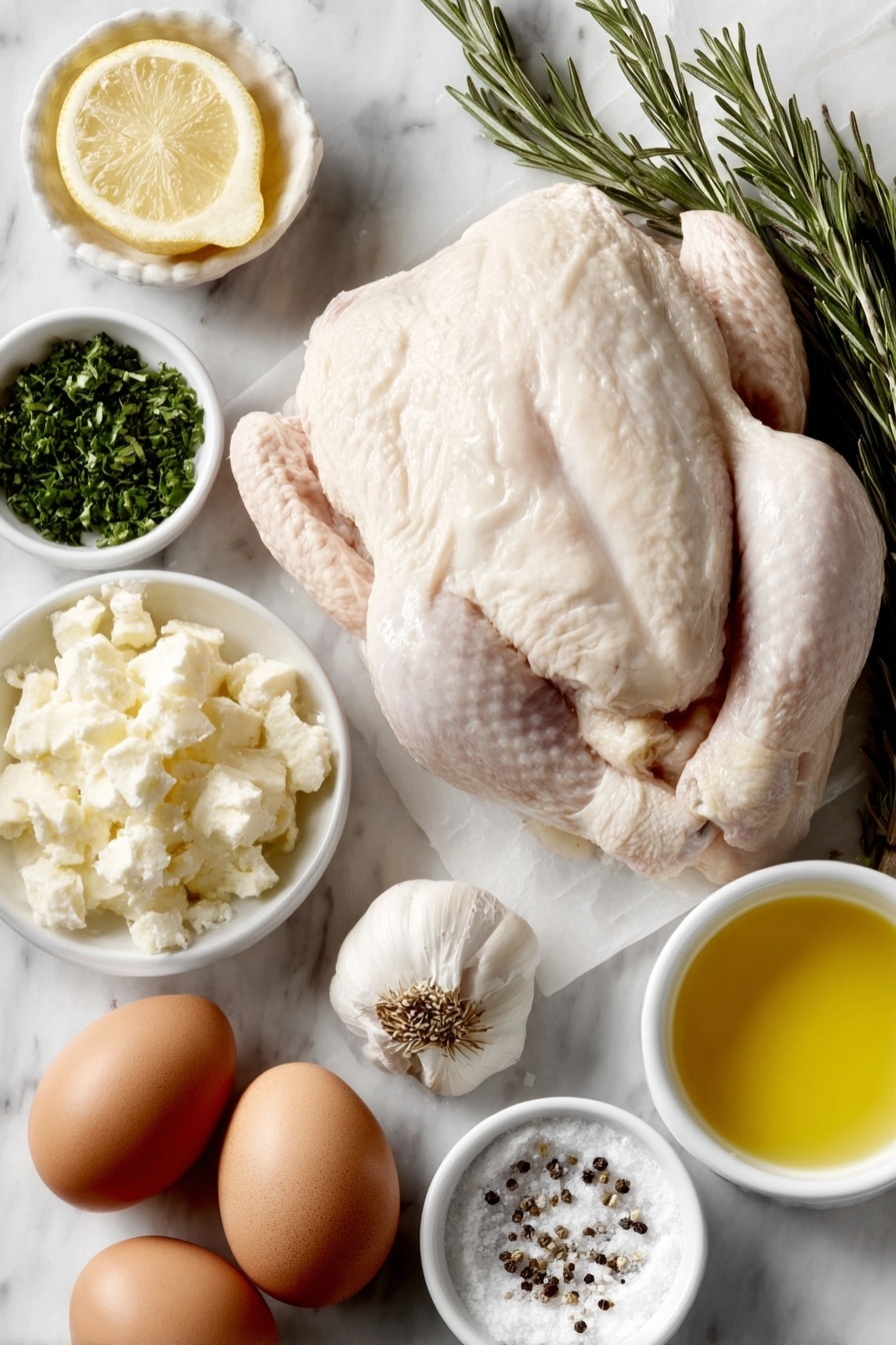 Flat lay of a whole raw chicken with pale pink skin, a few bright green rosemary sprigs, a halved yellow lemon showing juicy interior, four whole uncracked brown eggs, a small white ceramic bowl of melted golden butter, a small white bowl with finely minced fresh garlic cloves, a small white bowl with coarse chopped green parsley, a small white bowl containing white garlic powder, a small white bowl with coarse salt crystals, a small white bowl with freshly ground black pepper, a garlic head cut in half horizontally revealing the cloves, placed on a clean white marble surface, soft natural light, photo taken with an iPhone, professional food photography style, fresh ingredients, white ceramic bowls, no bottles, no duplicates, no utensils, no packaging --ar 2:3 --v 7 --p m7354615311229779997 - Garlic Herb Roast Chicken, Roast Chicken with Garlic and Herbs, Juicy Roast Chicken, Easy Roast Chicken Recipe, Perfect Roast Chicken