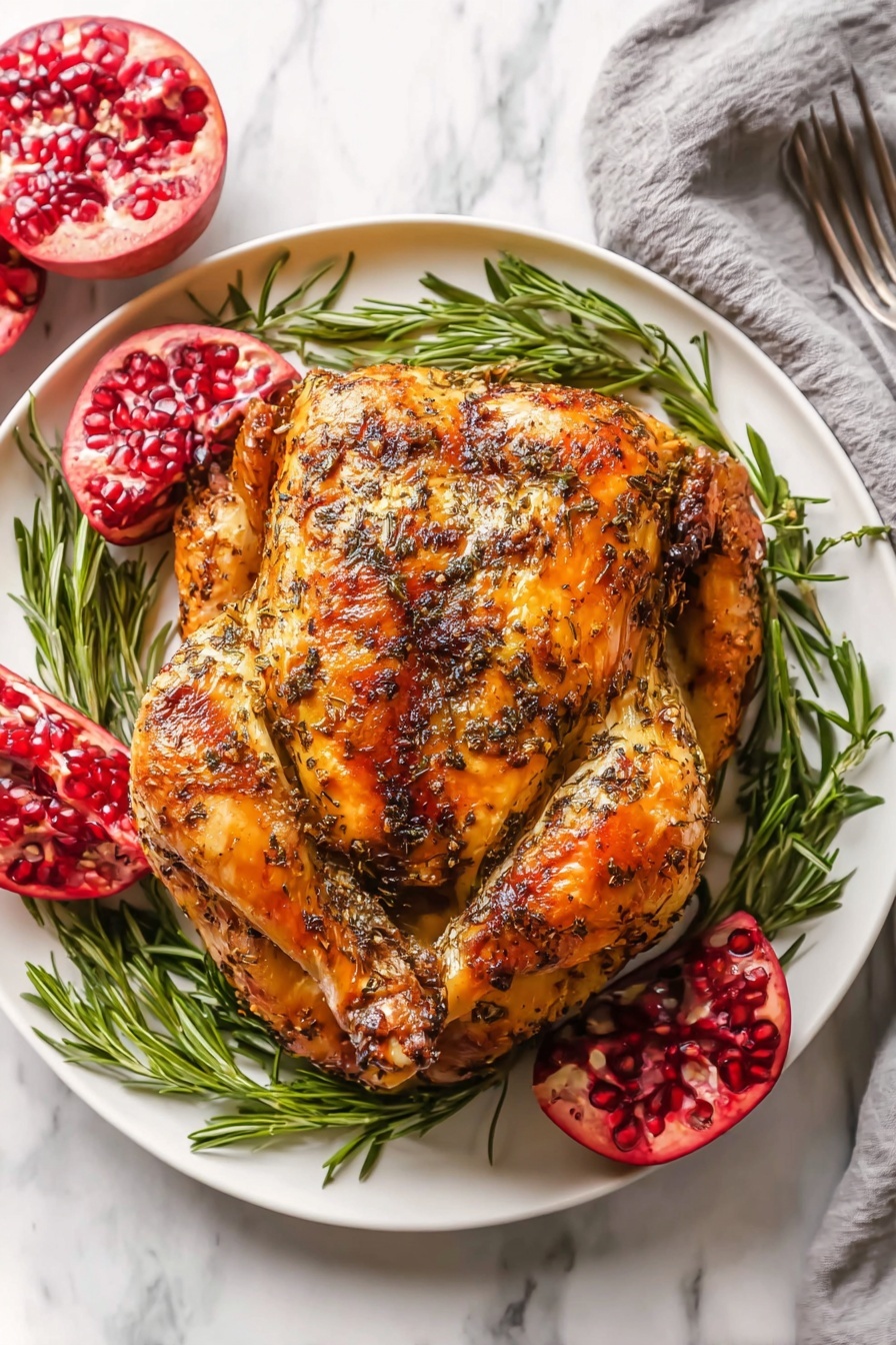 A whole roasted chicken with a golden brown, crispy skin that is speckled with herbs and spices. The chicken is resting on a white plate with some green herbs and slices of red roasted vegetables around it. A woman's hand is holding a silver fork slicing into the chicken, revealing juicy and tender light meat inside. The white marbled background contrasts softly with the rich warm colors of the chicken and vegetables. photo taken with an iphone --ar 2:3 --v 7 - Garlic Herb Roast Chicken, Roast Chicken with Garlic and Herbs, Juicy Roast Chicken, Easy Roast Chicken Recipe, Perfect Roast Chicken