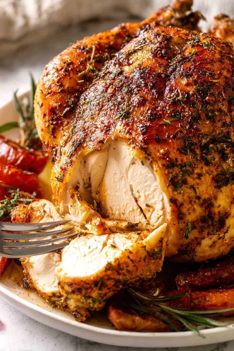 A whole roasted chicken sits in a black cast iron pan, showing a crispy roasted skin with a mix of golden brown and darker charred spots from the spices and herbs spread over it. The chicken is tied at the legs with a string and has lemon seeps out slightly underneath the bird. To the right side inside the pan is a large shiny metal knife resting on the edge. The pan is placed on a white marbled surface with a small round white bowl filled with chopped green herbs in the upper right corner and a light gray cloth draped loosely in the top left background. Photo taken with an iphone --ar 2:3 --v 7 - Garlic Herb Roast Chicken, Roast Chicken with Garlic and Herbs, Juicy Roast Chicken, Easy Roast Chicken Recipe, Perfect Roast Chicken