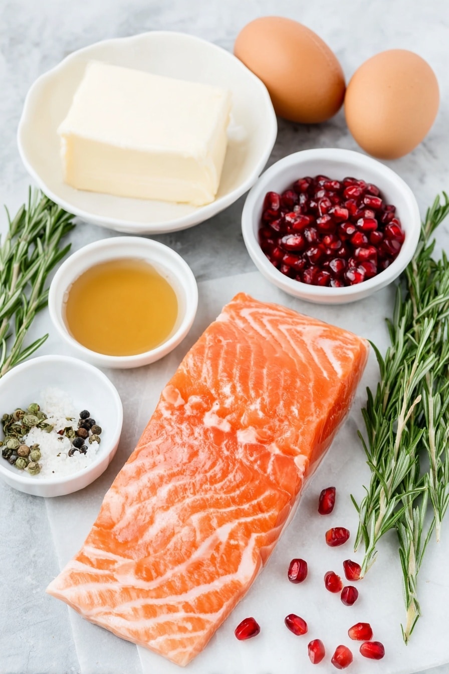 Pomegranate Glazed Salmon Recipe 7 Flat lay of a fresh raw salmon fillet with bright pink flesh, a small white bowl filled with deep red pomegranate molasses, a small white bowl with amber maple syrup, a pat of creamy butter on a simple white ceramic dish, a small white bowl holding golden vanilla extract, a small white bowl with dried rosemary leaves, whole uncracked brown eggs with smooth shells, tiny white bowls containing fine salt and black peppercorns, scattered shiny red pomegranate seeds, and fresh green rosemary sprigs, all arranged with perfect symmetry on a clean white marble surface, soft natural light, photo taken with an iPhone, professional food photography style, fresh ingredients, white ceramic bowls, no bottles, no duplicates, no utensils, no packaging --ar 2:3 --v 7 --p m7354615311229779997 - Pomegranate Glazed Salmon, pomegranate glazed salmon, salmon with pomegranate glaze, easy pomegranate salmon, festive salmon recipes