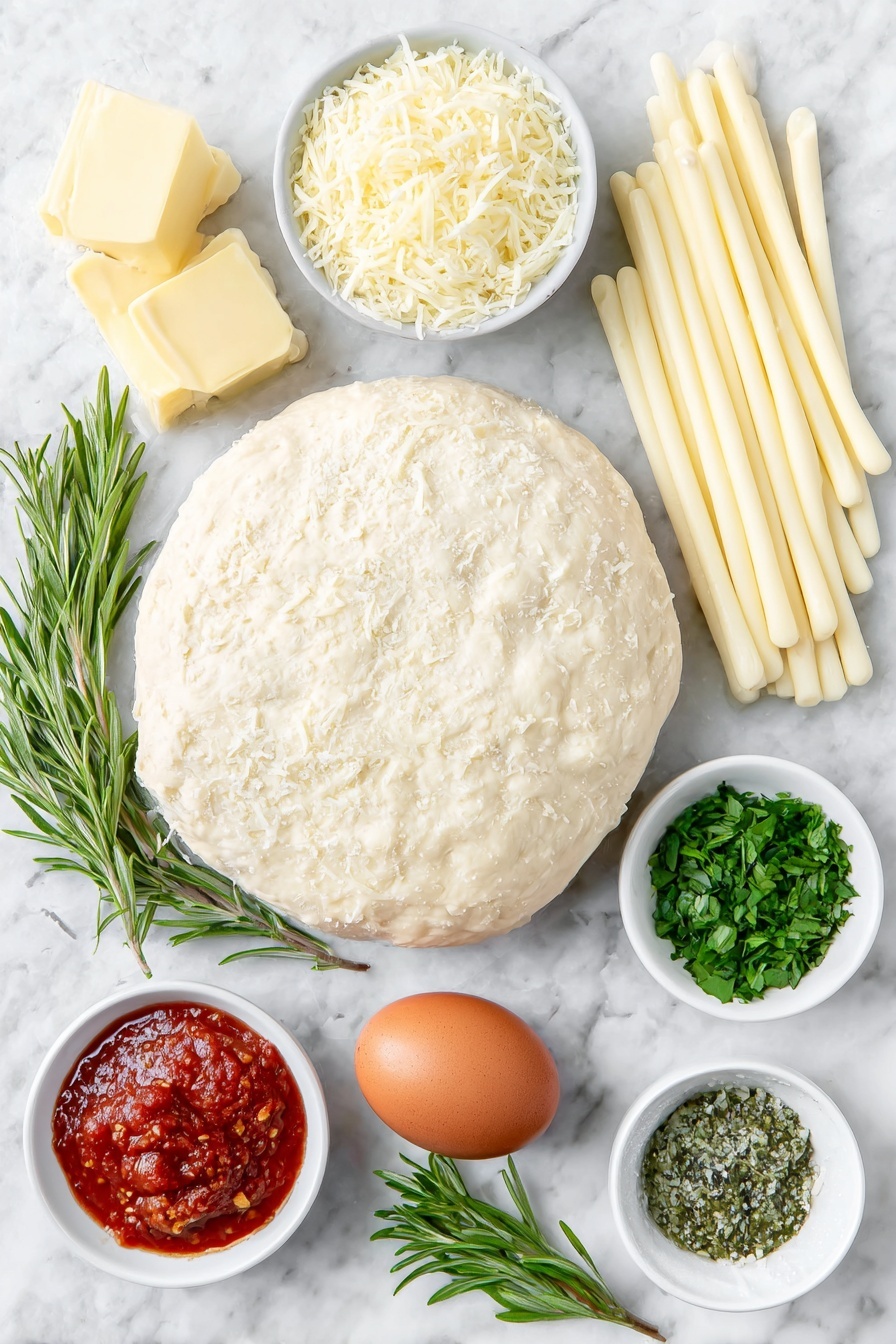 Cheesy Christmas Tree Bread Recipe 7 Flat lay of fresh refrigerator pizza dough ball, several mozzarella cheese sticks with smooth white surfaces, one large whole brown egg with clean shell, small white ceramic bowl with melted butter, small white ceramic bowl with grated parmesan cheese, small white ceramic bowl with finely chopped fresh parsley, small white ceramic bowl with finely chopped fresh rosemary, small white ceramic bowl with finely chopped fresh basil, small white ceramic bowl with grated garlic, small white ceramic bowl with red marinara sauce, and small white ceramic bowl with green pesto sauce, all arranged in perfect symmetry placed on a clean white marble surface, soft natural light, photo taken with an iPhone, professional food photography style, fresh ingredients, white ceramic bowls, no bottles, no duplicates, no utensils, no packaging --ar 2:3 --v 7 --p m7354615311229779997 - Cheesy Christmas Tree Bread, holiday appetizer, festive bread, cheese bread recipe, Christmas party food