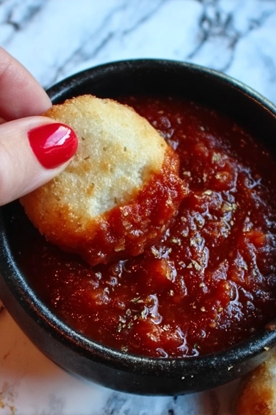 Cheesy Christmas Tree Bread Recipe 6 The image shows a close-up of a small black bowl filled with thick, red tomato sauce with visible chunks and texture. Above the bowl, a woman's hand with red nail polish is holding a round, golden-brown biscuit or bread piece that is partially dipped into the sauce. The background is a white marbled surface. photo taken with an iphone --ar 2:3 --v 7 - Cheesy Christmas Tree Bread, holiday appetizer, festive bread, cheese bread recipe, Christmas party food