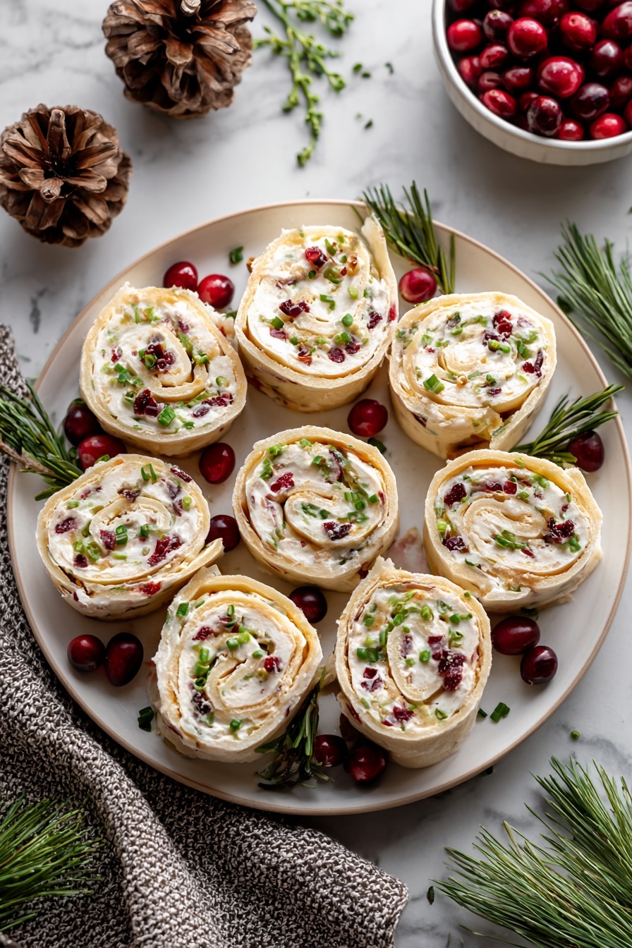 Cranberry Feta Roll-Ups Recipe 6 The dish shows eight rolled pinwheel slices on a round white plate, each slice revealing multiple layers of light beige wrap and creamy white filling mixed with small red cranberry bits and green chive pieces on top. The pinwheels are arranged in a circular pattern with extra whole red cranberries and green pine sprigs placed around them for decoration. The plate sits on a white marbled surface with pinecones, a textured gray cloth, and a small white bowl of cranberries nearby enhancing the festive setting. Photo taken with an iphone --ar 2:3 --v 7 - Cranberry Feta Roll-Ups, festive appetizer recipes, holiday party snacks, make-ahead appetizer ideas, easy holiday appetizers