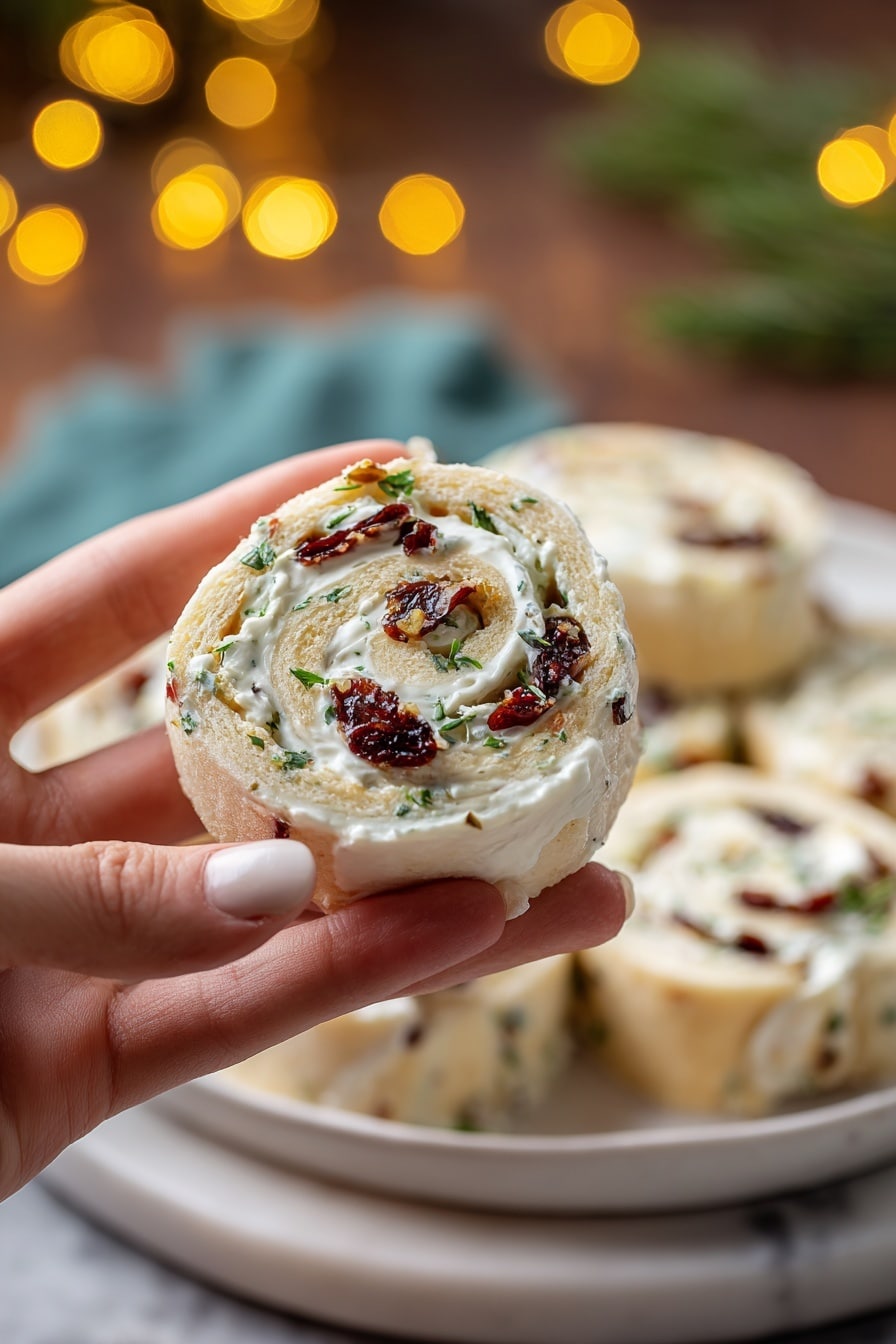 Cranberry Feta Roll-Ups Recipe 8 A woman's hand is holding a small round roll made of soft white bread spread with a creamy white layer mixed with small green herb bits and dark red dried fruit pieces. The roll is sliced to show the spiral of the bread and filling, displaying three visible layers: the smooth outer bread, the creamy filling with green herbs, and the scattered dried fruit inside. In the blurred background, a white plate holds several more of these rolls arranged close together. The scene is set on a white marbled surface with warm yellow bokeh lights in the background adding a cozy feel. Photo taken with an iphone --ar 2:3 --v 7 - Cranberry Feta Roll-Ups, festive appetizer recipes, holiday party snacks, make-ahead appetizer ideas, easy holiday appetizers