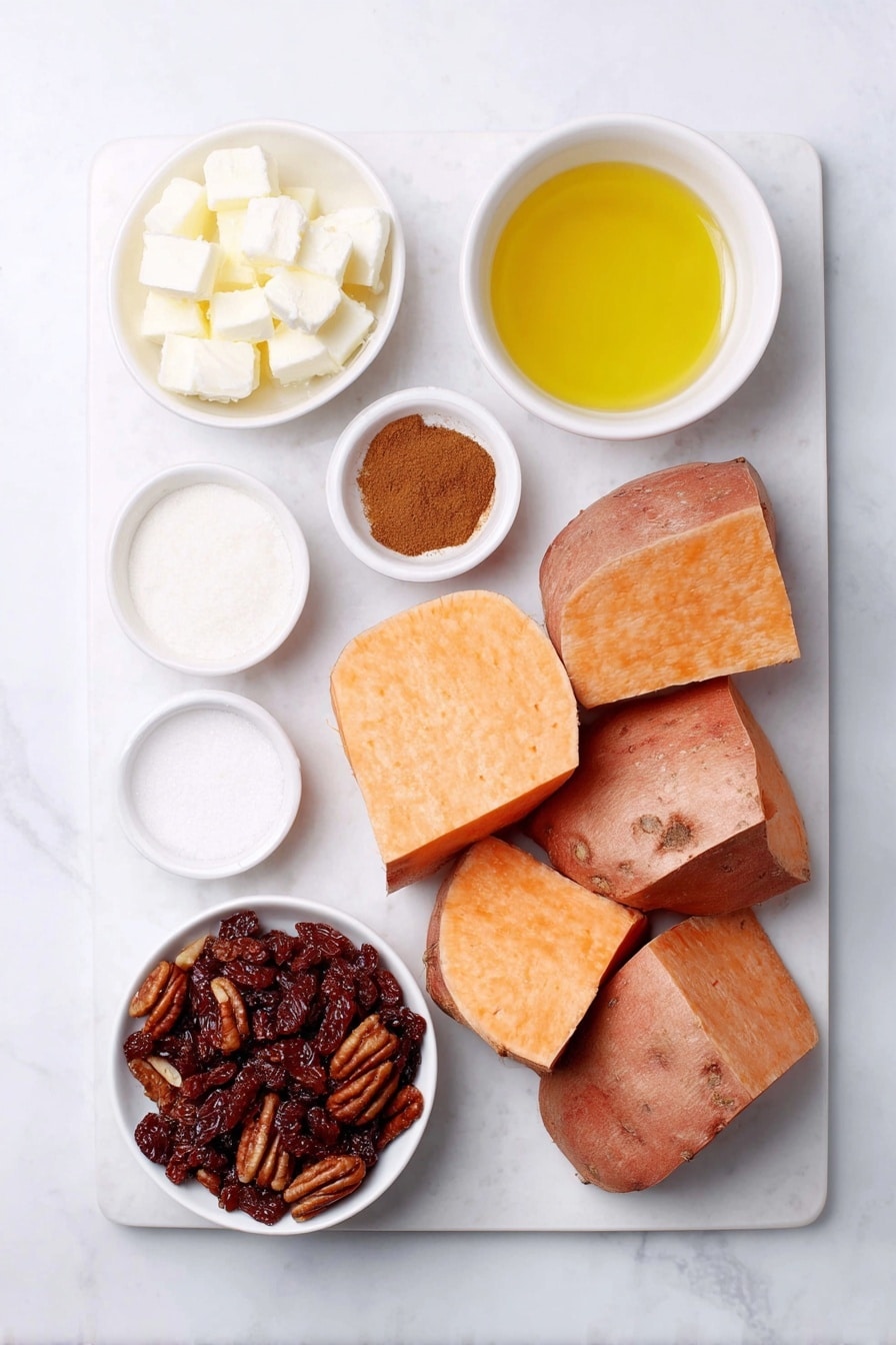 Sweet Potato Maple Casserole with Raisins and Pecan Topping Recipe 7 Flat lay of large peeled sweet potato cubes, small white bowl of extra virgin olive oil, small white bowl of ground cinnamon, small white bowl of ground nutmeg, small white bowl of almond milk, small white bowl of vanilla extract, small white bowl of cubed unsalted butter, small white bowl of organic brown sugar, small white bowl of pure maple syrup, small white bowl of ground allspice, small white bowl of organic raisins, small white bowl of white marshmallows, small white bowl of raw pecans placed on a clean white marble surface, soft natural light, photo taken with an iPhone, professional food photography style, fresh ingredients, white ceramic bowls, no bottles, no duplicates, no utensils, no packaging --ar 2:3 --v 7 --p m7354615311229779997 - Sweet Potato Maple Casserole with Raisins and Pecan Topping, sweet potato casserole, holiday sweet potato dish, comforting Thanksgiving sides, delicious Southern sweet potato recipe