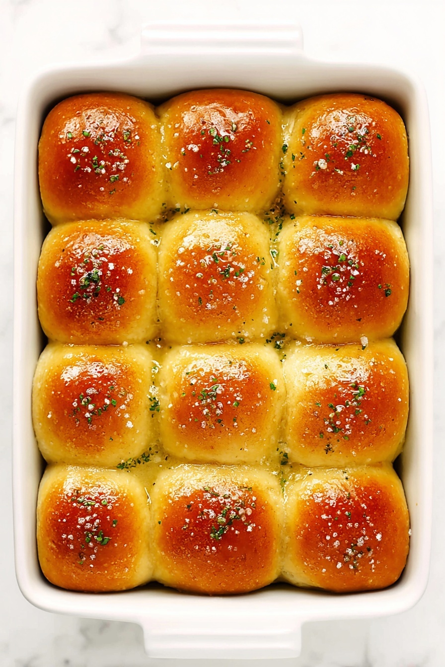 Rosemary Garlic Dinner Rolls Recipe 6 A white rectangular baking dish holds twelve golden brown dinner rolls arranged in a 3 by 4 grid. Each roll is smooth, shiny, and slightly rounded on top, with a crust that is a warm golden color, showing a gentle gradient from darker brown centers to lighter edges. The tops of the rolls are sprinkled with coarse salt and small green herb flakes, adding texture and color contrast. The rolls sit closely together, with the sides touching, inside the clean white dish. The surface underneath is a white marbled texture. photo taken with an iphone --ar 2:3 --v 7 - Rosemary Garlic Dinner Rolls, garlic dinner rolls, flaky herb rolls, homemade dinner rolls, easy bread recipes
