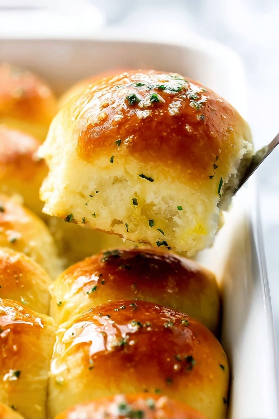 Rosemary Garlic Dinner Rolls Recipe 8 The image shows a close-up of a soft, golden brown dinner roll being lifted with a spatula above a white baking dish filled with similar rolls. The roll's top layer has a shiny, brushed butter look with small green herb bits sprinkled over it and a few grains of coarse salt visible. The roll’s texture looks fluffy and slightly uneven with a light yellow color beneath the browned surface. The background is a white marbled texture that softly blurs out the rest of the rolls in the dish. Photo taken with an iphone --ar 2:3 --v 7 - Rosemary Garlic Dinner Rolls, garlic dinner rolls, flaky herb rolls, homemade dinner rolls, easy bread recipes