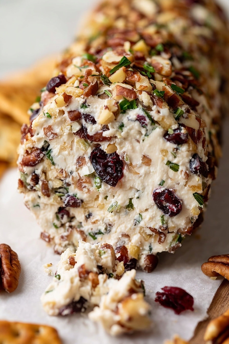 A close-up image shows a woman's hand holding a round cracker topped with a creamy white cheese spread mixed with small pieces of red cranberries and chopped brown nuts, likely pecans, with some green herbs for color. A wooden board below holds several more crackers arranged in a layered arc along the top and right edge, some topped with the same cheese and dried fruit mix, resting on crumpled white parchment paper. The whole scene sits on a white marbled surface, creating a clean and bright background. photo taken with an iphone --ar 2:3 --v 7 - Cranberry Pecan Cheese Log, holiday cheese appetizer, festive cheese ball, easy party appetizers, creamy cheese and cranberry spread