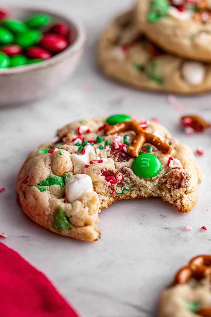 A soft, round cookie sits on a white marbled surface, with one bite taken from the right side, showing its chewy interior. The cookie dough is light tan with a slightly crumbly texture and is packed with bright green and red candy pieces, small red and green sprinkles, and light brown pretzel bits embedded throughout. Behind it, parts of two similar cookies and a small bowl filled with more green and red candies are visible, all placed on the same white marbled surface. A bright red cloth is partly visible in the lower left corner. Photo taken with an iphone --ar 2:3 --v 7 - Christmas Kitchen Sink Cookies, holiday cookie recipes, festive cookies with mix-ins, easy Christmas cookies, colorful holiday treats
