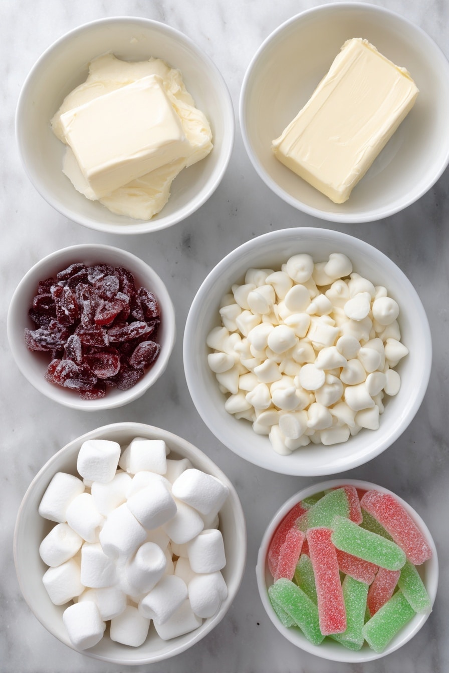 White Chocolate Candy Squares Recipe 7 Flat lay of a small slab of golden butter, a simple white ceramic bowl filled with smooth white chocolate chips, a white ceramic bowl brimming with fluffy mini marshmallows, and a white ceramic bowl holding an assortment of vibrant red and green chopped gumdrops, all arranged with perfect symmetry, fresh and natural, placed on a clean white marble surface, soft natural light, photo taken with an iPhone, professional food photography style, fresh ingredients, white ceramic bowls, no bottles, no duplicates, no utensils, no packaging --ar 2:3 --v 7 --p m7354615311229779997 - White Chocolate Candy Squares, easy holiday candy, no-bake dessert, festive candy bars, marshmallow white chocolate treats