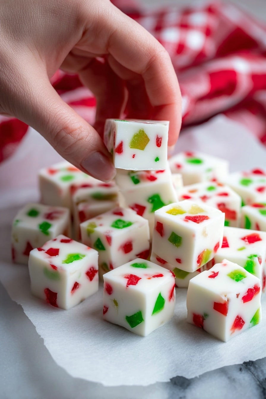 White Chocolate Candy Squares Recipe 6 A woman's hand is holding a small white square jelly candy piece with bright red and green jelly bits inside it. Beneath, there is a pile of the same white jelly candy cubes, each containing scattered red and green pieces with a soft, smooth texture. The candies are placed on white parchment paper over a white marbled surface, and a red-and-white checkered cloth is visible blurred in the background. photo taken with an iphone --ar 2:3 --v 7 - White Chocolate Candy Squares, easy holiday candy, no-bake dessert, festive candy bars, marshmallow white chocolate treats