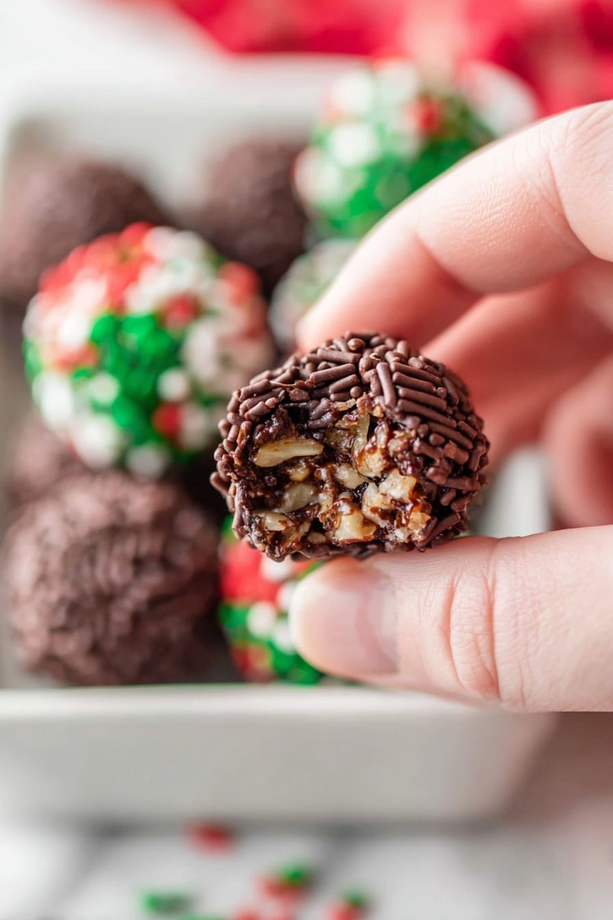 A close-up image of a woman's hand holding a small chocolate ball covered in dark brown chocolate sprinkles, with a bite taken out showing a dense, textured inside of mixed nuts and chocolate. In the blurred background, more chocolate balls with red, green, and white sprinkles are visible, all placed in a white tray on a white marbled surface. Photo taken with an iphone --ar 2:3 --v 7 - No Bake Chocolate Rum Balls, Chocolate Rum Balls, Easy No Bake Desserts, Boozy Chocolate Treats, Quick Holiday Desserts