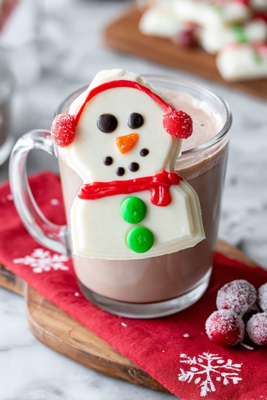 A clear glass mug filled with light brown hot chocolate sits on a white marbled surface. Leaning against the mug is a large white chocolate shard decorated like a snowman’s face and upper body. The snowman is made from a round white dollop with black candy eyes and mouth dots, plus an orange candy nose. Red candy earmuffs frame the snowman’s face with a red icing band across the top. Below the face are three green candy buttons arranged vertically on the white chocolate. Nearby on the wooden board, there are frosted red berries and a white chocolate leaf on a red napkin with white snowflake designs. Photo taken with an iphone --ar 2:3 --v 7 - Melted Snowman Bark, festive holiday treats, Christmas candy bark, snowman dessert ideas, easy holiday bark recipes