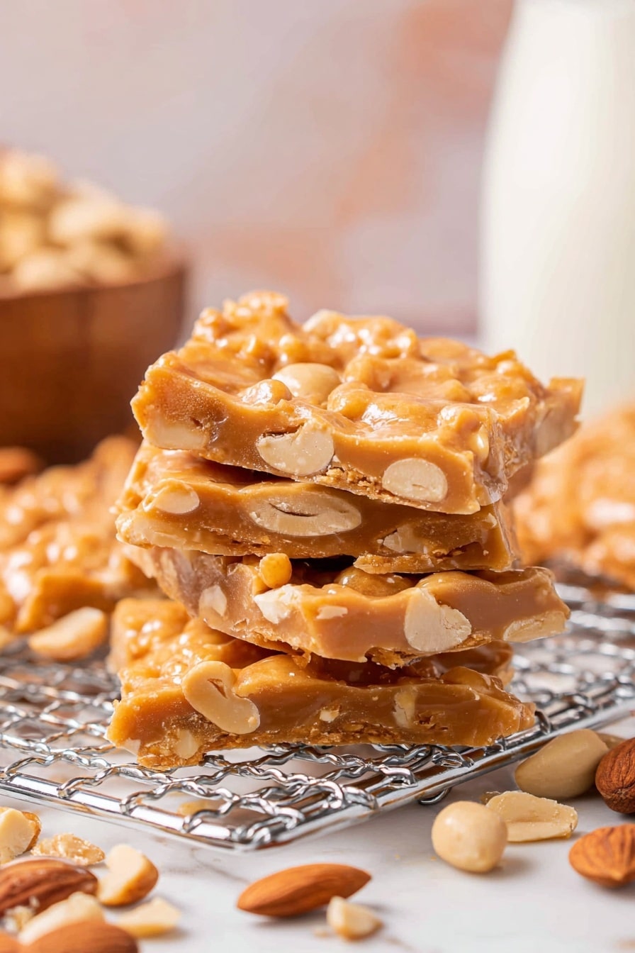 Homemade Nut Brittle Recipe 8 A baking tray lined with brown parchment paper holds an uneven layer of sticky, light brown nut brittle spread out roughly; visible within the brittle are whole and sliced almonds giving it a textured look with creamy and crunchy parts. The tray sits on a white marbled surface with scattered almonds and a wooden spoon with some of the same brittle mixture on its head placed nearby, enhancing the homemade feel. photo taken with an iphone --ar 2:3 --v 7 - Homemade Nut Brittle, nut brittle recipe, crunchy caramel brittle, homemade candy, nut brittle dessert
