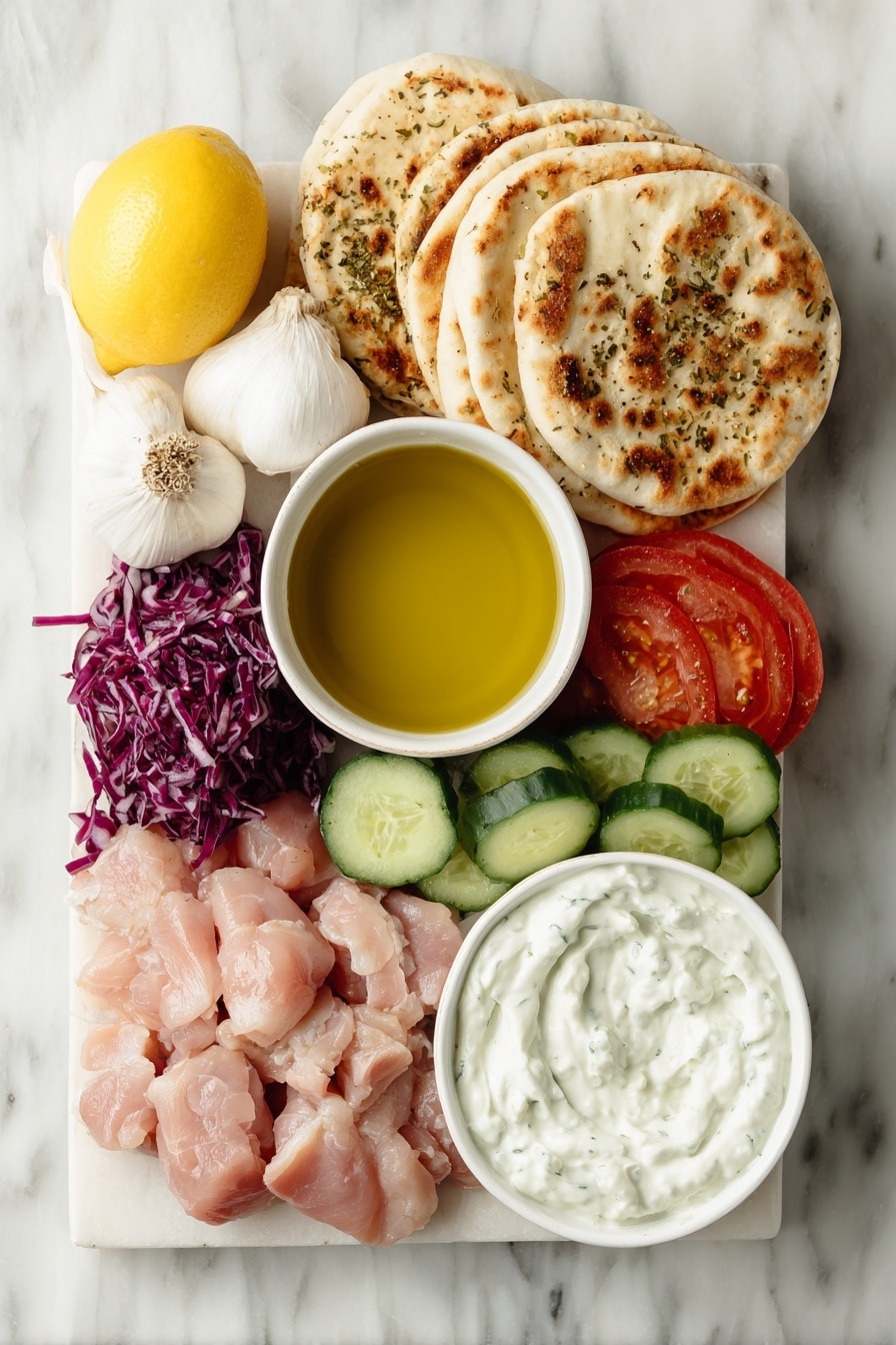 Easy Chicken Shawarma Wraps Recipe 7 Flat lay of a small white ceramic bowl of golden olive oil, two whole bright yellow lemons, three fresh garlic cloves, a small mound of assorted shawarma spices in a neat pile, raw boneless skinless chicken thighs fresh and pink, six round soft pita breads stacked, a ripe red tomato sliced, a green cucumber sliced, half a red onion thinly sliced, a pile of vibrant sliced red cabbage, and a small white ceramic bowl of creamy white tzatziki dip all arranged in perfect symmetry placed on a clean white marble surface, soft natural light, photo taken with an iPhone, professional food photography style, fresh ingredients, white ceramic bowls, no bottles, no duplicates, no utensils, no packaging --ar 2:3 --v 7 --p m7354615311229779997 - Easy Chicken Shawarma Wraps, Chicken Shawarma Wraps, Middle Eastern Chicken Wraps, Quick Shawarma Dinner, flavorful chicken wraps