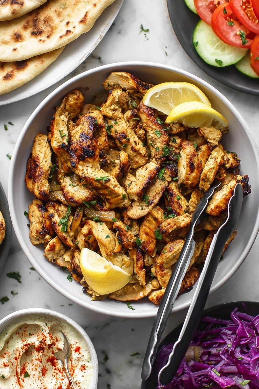 Easy Chicken Shawarma Wraps Recipe 6 The image shows a white bowl filled with many pieces of cooked, sliced chicken that have a golden-brown color with some darker grilled parts. The chicken pieces are topped with small green herbs and two lemon wedges placed on top at different spots. A pair of silver tongs with black handles rests inside the bowl among the chicken pieces. Around the bowl on a white marbled surface, there are parts of other plates visible, including flatbreads to the left, and a slice of tomato and cucumber on a white plate near the top right. At the bottom right, a white plate contains purple cabbage, and near the bottom left, there is a small white bowl with a creamy dip sprinkled with red spices and green herbs. Photo taken with an iphone --ar 2:3 --v 7 - Easy Chicken Shawarma Wraps, Chicken Shawarma Wraps, Middle Eastern Chicken Wraps, Quick Shawarma Dinner, flavorful chicken wraps