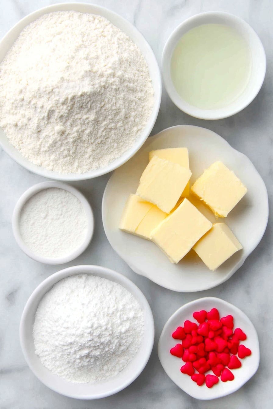 Grinch Peppermint Cookies Recipe 7 Flat lay of a simple white ceramic bowl filled with fine white cake mix powder, a few tablespoons of unsalted butter softened into smooth pale yellow chunks on a white ceramic plate, two whole uncracked brown eggs with clean shells resting side by side, a small white ceramic bowl holding a translucent pale green gel, a small white ceramic bowl containing fine white powdered sugar, a small white ceramic bowl with white cornstarch powder, and several bright red heart-shaped sprinkles scattered neatly in a small white ceramic dish, all arranged in perfect symmetry, placed on a clean white marble surface, soft natural light, photo taken with an iPhone, professional food photography style, fresh ingredients, white ceramic bowls, no bottles, no duplicates, no utensils, no packaging --ar 2:3 --v 7 --p m7354615311229779997 - Grinch Peppermint Cookies, festive holiday cookies, green peppermint cookies, Christmas treats, peppermint cookie recipes