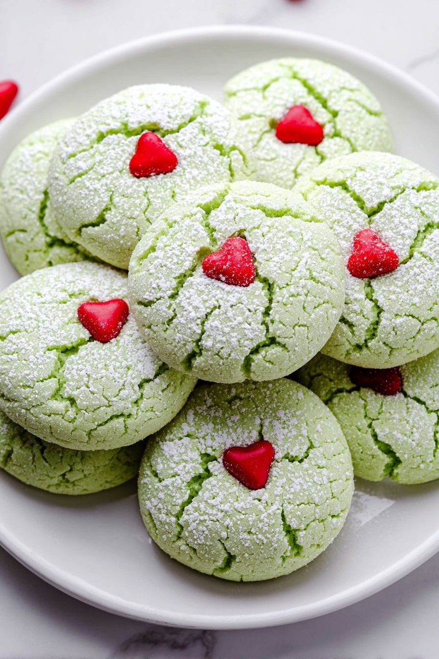 Grinch Peppermint Cookies Recipe 6 A white plate filled with multiple round, pale green cookies that have a cracked surface dusted with white powdered sugar. Each cookie is decorated with a small, red, heart-shaped candy placed near the center. The cookies are stacked close together on a white marbled surface, creating a soft, textured look. photo taken with an iphone --ar 2:3 --v 7 - Grinch Peppermint Cookies, festive holiday cookies, green peppermint cookies, Christmas treats, peppermint cookie recipes