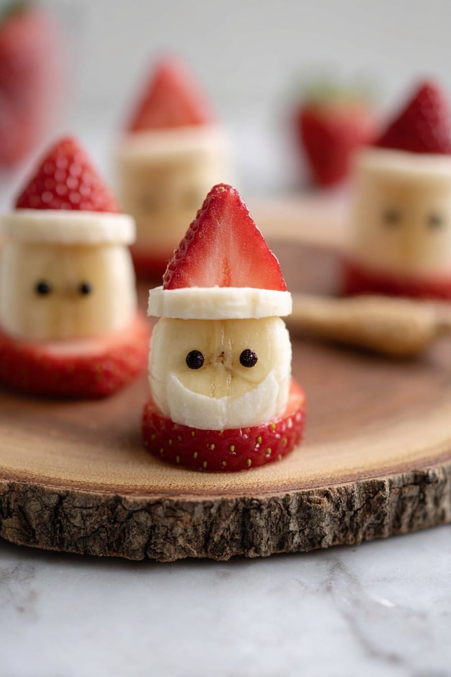 The image shows a small fruit snack that looks like a tiny Santa. The snack has three layers: the bottom layer is a round red strawberry slice, the middle layer is a piece of pale yellow banana, and the top layer is a strawberry slice cut into a triangle shape to look like a hat. There is a thin white cream layer between the banana and the bottom strawberry slice. Two small black dots on the banana slice create eyes for the face. The snacks are placed on a round wooden board with bark on the edge, and the background is a white marbled surface. Photo taken with an iphone --ar 2:3 --v 7 - Healthy Strawberry Santas, healthy holiday snacks, festive fruit treats, quick healthy snacks, adorable fruit appetizers