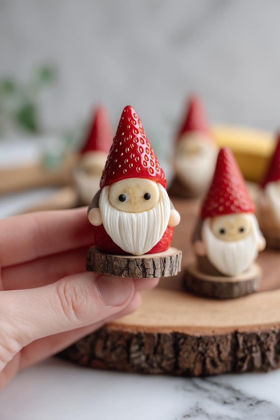 The image shows small fruit snacks shaped like little gnomes placed on a wooden round board with a rough bark edge. Each gnome has three layers: the bottom layer is a red strawberry slice, the middle layer is a thick pale banana slice, and the top layer is a red strawberry cone with visible seeds. On the banana layer, there are two small black dots acting as eyes, giving the gnome a cute face. The background is a white marbled texture with soft focus, and some more gnome snacks are blurred in the background. Photo taken with an iphone --ar 2:3 --v 7 - Healthy Strawberry Santas, healthy holiday snacks, festive fruit treats, quick healthy snacks, adorable fruit appetizers