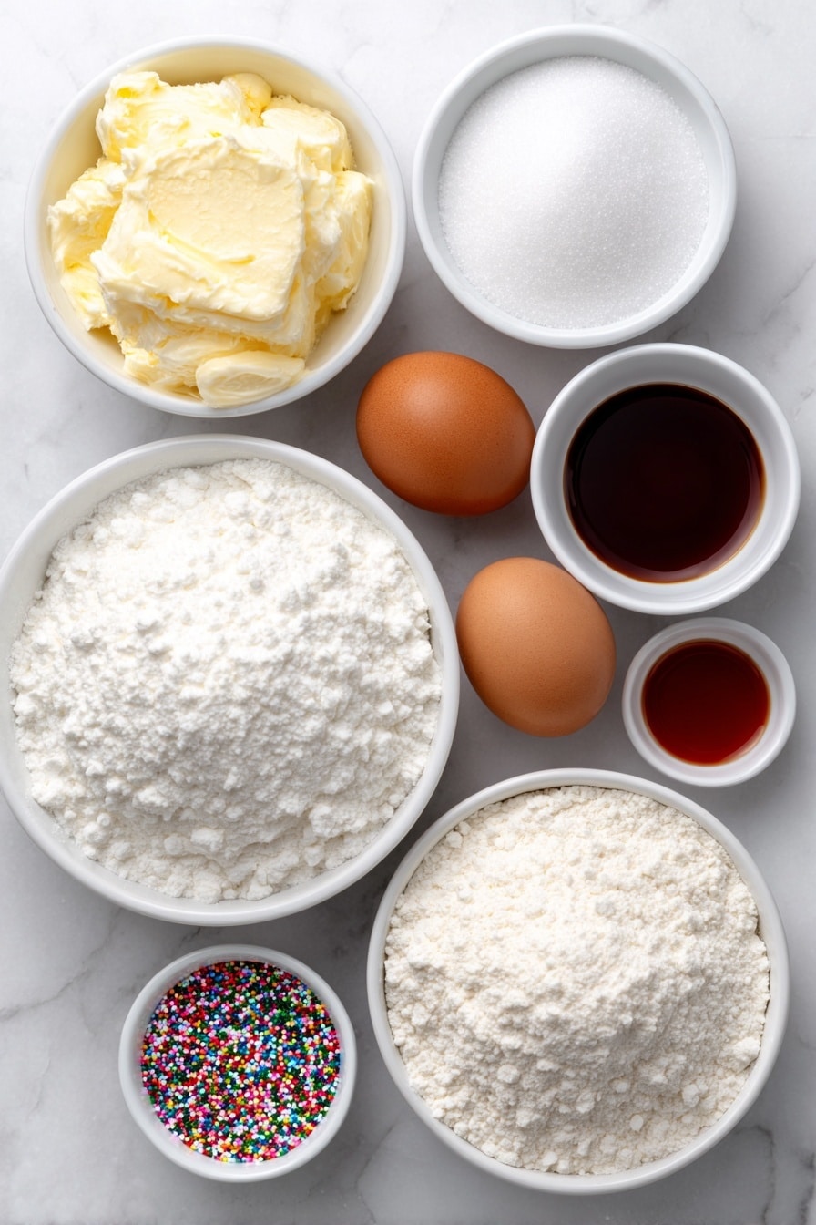 Christmas Pinwheel Cookies Recipe 7 Flat lay of a small white ceramic bowl of softened salted butter, a small white ceramic bowl of granulated sugar, a small white ceramic bowl of powdered sugar, two whole uncracked brown eggs, a small white ceramic bowl of vanilla extract, a small white ceramic bowl of all-purpose flour, a small white ceramic bowl of baking powder, a small white ceramic bowl of salt, a small white ceramic bowl with drops of red gel food coloring, a small white ceramic bowl with drops of green gel food coloring, and a small white ceramic bowl filled with holiday colored nonpareils, all arranged symmetrically, placed on a clean white marble surface, soft natural light, photo taken with an iPhone, professional food photography style, fresh ingredients, white ceramic bowls, no bottles, no duplicates, no utensils, no packaging --ar 2:3 --v 7 --p m7354615311229779997 - Christmas Pinwheel Cookies, festive cookie recipes, holiday sugar cookies, colorful swirl cookies, easy Christmas baking