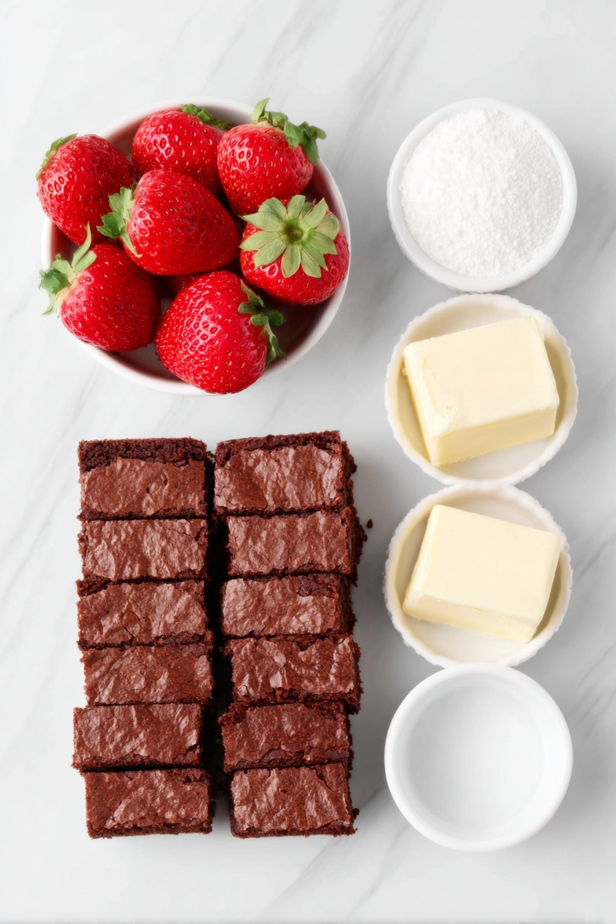 Flat lay of a single layer of twelve rich, fudgy brownies arranged symmetrically, a dozen plump fresh strawberries with vibrant red skin and bright green leafy tops, a small white ceramic bowl filled with creamy softened unsalted butter, another small white bowl holding fine white powdered sugar, a small white bowl containing smooth pale cream half and half, and a small white bowl with clear vanilla extract, all placed neatly and evenly spaced on a clean white marble surface, soft natural light, photo taken with an iPhone, professional food photography style, fresh ingredients, white ceramic bowls, no bottles, no duplicates, no utensils, no packaging --ar 2:3 --v 7 --p m7354615311229779997 - Santa Hat Brownies with Strawberries, festive brownie desserts, easy holiday treat, Christmas brownie ideas, kid-friendly Christmas desserts