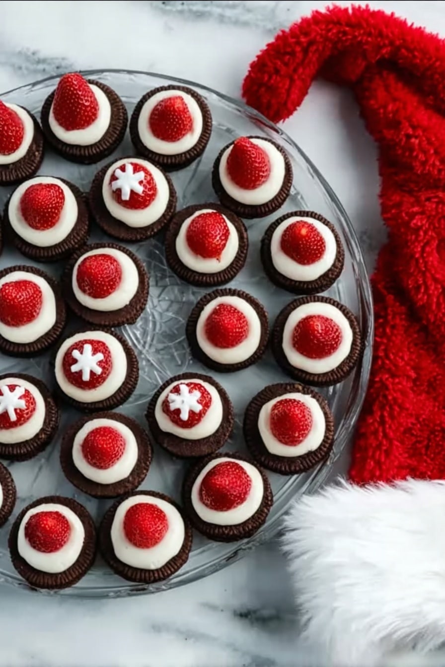 A round clear glass plate holds 28 small round chocolate cookies arranged closely in a circular shape on a white marbled surface. Each cookie has three layers: a base layer of dark brown chocolate cookie, topped with a white cream layer that is smooth and thick, and a fresh red strawberry slice sits on top in the center of each cookie. On each strawberry, there is a small white cream decoration shaped like a flower or star. To the right of the plate, a red and white Santa hat with soft, fluffy texture is lying flat, adding a festive touch. Photo taken with an iphone --ar 2:3 --v 7 - Santa Hat Brownies with Strawberries, festive brownie desserts, easy holiday treat, Christmas brownie ideas, kid-friendly Christmas desserts