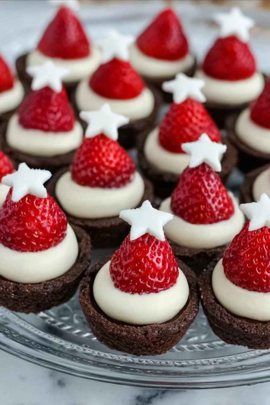 The image shows many small chocolate tartlets arranged neatly on a clear glass plate. Each tartlet has a thick dark brown chocolate base forming the first layer, topped with a layer of smooth white cream. On top of the cream is a fresh whole strawberry with its pointed tip facing up, and a small dollop of white cream shaped like a star is placed on each strawberry tip. The background is a white marbled texture. photo taken with an iphone --ar 2:3 --v 7 - Santa Hat Brownies with Strawberries, festive brownie desserts, easy holiday treat, Christmas brownie ideas, kid-friendly Christmas desserts