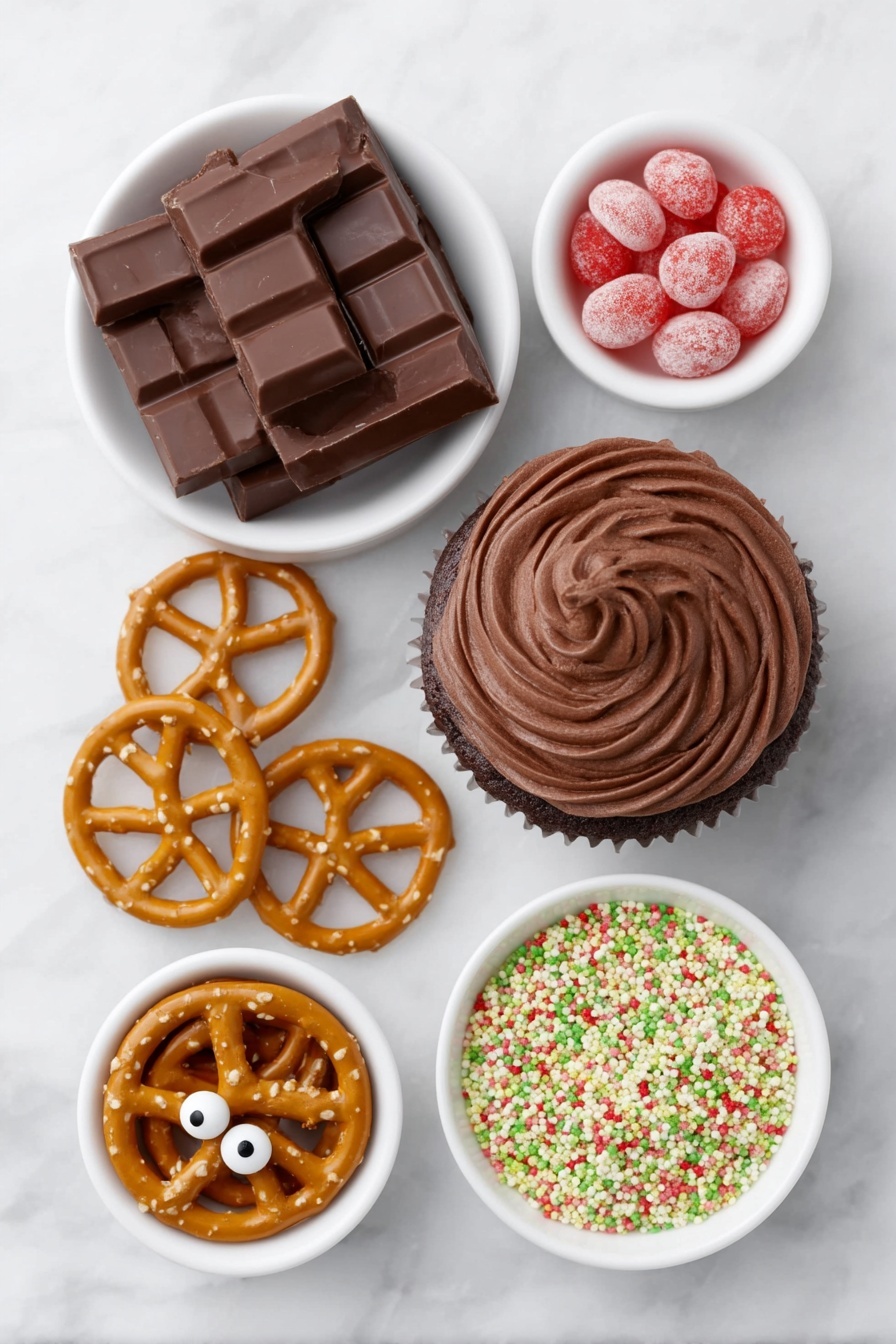 Rudolph Cupcakes with Candy Eyes and Pretzel Antlers Recipe 7 Flat lay of a round chocolate cupcake with smooth swirled chocolate frosting piped on top, a small pile of mini rectangular chocolate candy bars with glossy dark brown surfaces, bright red cinnamon candies scattered around, two glossy white candy eyes with black pupils, several golden-brown mini pretzels shaped like antlers, a small mound of red and green rainbow sprinkles in a white ceramic bowl, all ingredients fresh and natural, simple white ceramic bowls holding the candies and sprinkles, perfect symmetry and balanced layout, placed on a clean white marble surface, soft natural light, photo taken with an iPhone, professional food photography style, fresh ingredients, white ceramic bowls, no bottles, no duplicates, no utensils, no packaging --ar 2:3 --v 7 --p m7354615311229779997 - Rudolph Cupcakes with Candy Eyes and Pretzel Antlers, Rudolph Cupcakes, Christmas Cupcake Ideas, Holiday Baking Recipes, Festive Cupcake Decorations