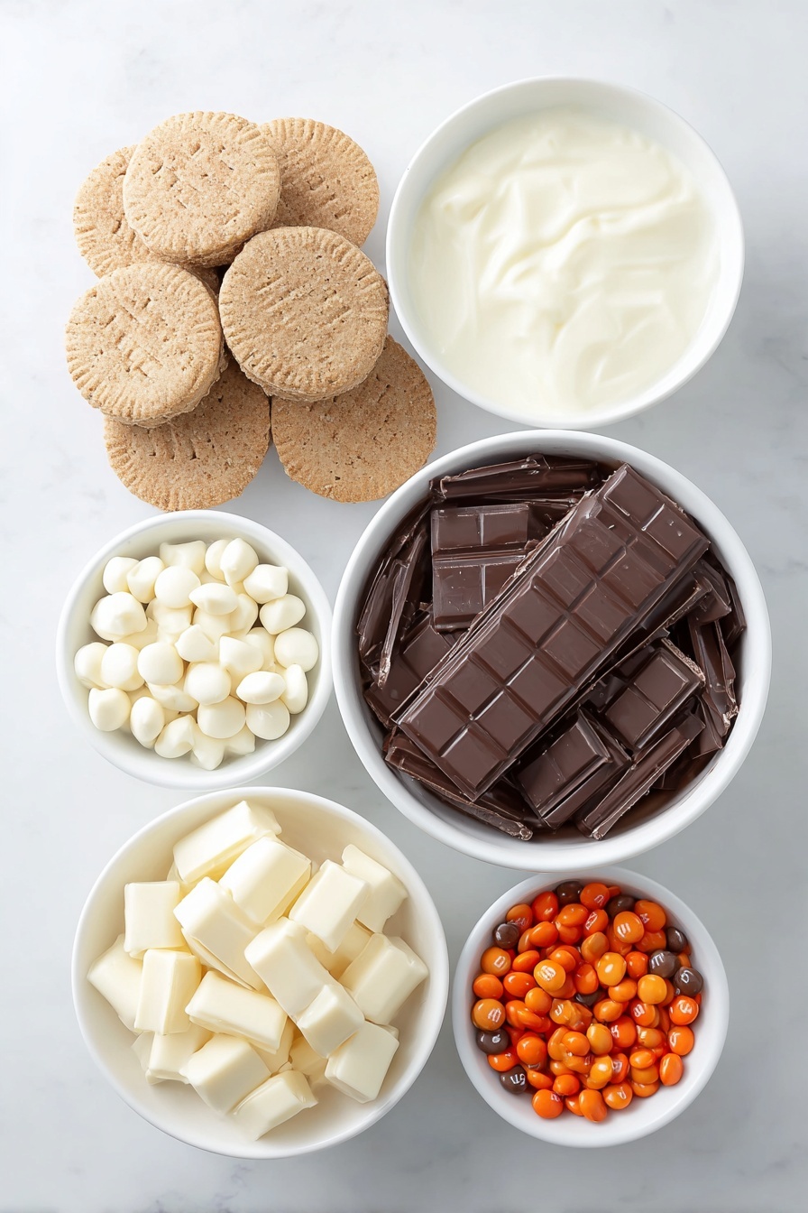 Flat lay of a small mound of pale white flour, a few light brown whole eggs with smooth clean shells, a small white ceramic bowl of fine white sugar, a small white bowl with melted golden butter, a small white bowl of creamy milk, a small white bowl of thick creamy Greek yogurt, a small white bowl holding vanilla extract, a neat pile of light beige baking powder and baking soda powders, a small pinch of warm brown nutmeg powder on a white ceramic plate, finely chopped dark chocolate chunks on a simple white dish, a small white bowl with light golden corn syrup, smooth round white chocolate chips arranged neatly, tiny dark mini chocolate chips, regular sized glossy chocolate chips grouped together, bright red glossy M&M candies, and rustic broken pretzel pieces shaped like antlers, all evenly spaced and perfectly symmetrical, placed on a clean white marble surface, soft natural light, photo taken with an iPhone, professional food photography style, fresh ingredients, white ceramic bowls, no bottles, no duplicates, no utensils, no packaging --ar 2:3 --v 7 --p m7354615311229779997 - Chocolate Frosted Reindeer Donuts, festive holiday donuts, cute reindeer donut decorations, easy holiday donut recipe, Christmas donut ideas