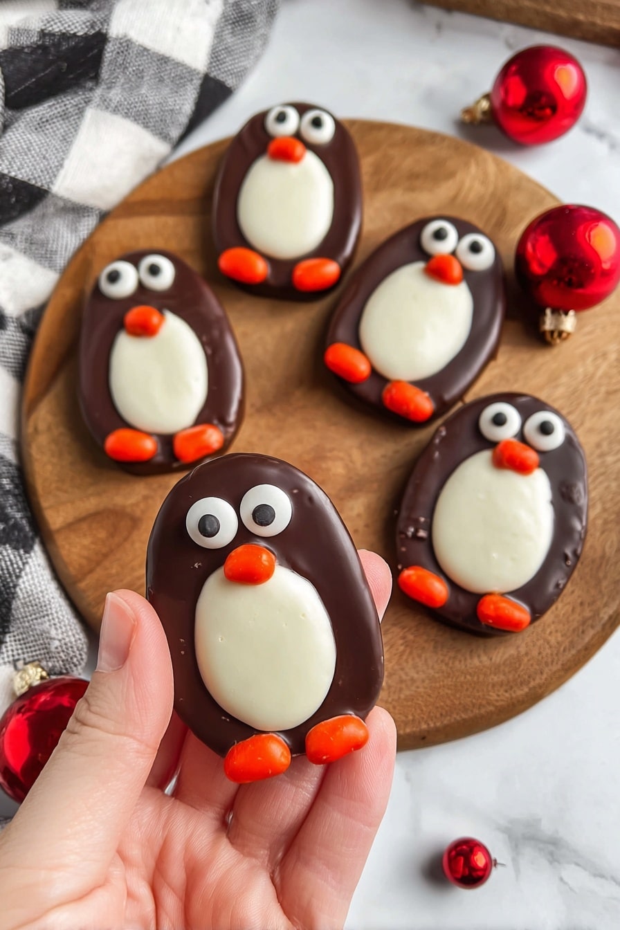 The image shows five penguin-shaped treats on a round wooden board placed on a white marbled surface. Each treat has three layers: a shiny dark chocolate outer layer forming the penguin’s body, a smooth white oval layer in the middle representing the belly, and small bright orange candy pieces for the beak and feet. The eyes are made with white circular candies with black dots on top of the dark chocolate. One treat is held close in the foreground by a woman's hand, while the rest lie spread out on the wooden board. There are also two small shiny red Christmas ornaments on the board and a white and black checkered cloth in the background. Photo taken with an iphone --ar 2:3 --v 7 - Penguin Nutter Butter Cookies, fun holiday cookies, kid-friendly cookie recipes, adorable dessert ideas, easy festive treats