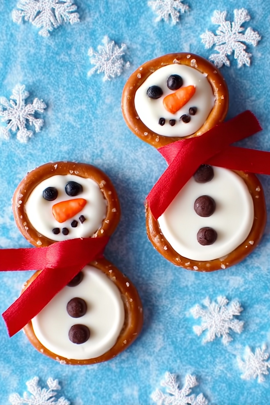 Easy White Chocolate Pretzel Snowmen Recipe 6 The image shows three snowman-shaped treats made from two round pretzels each. Each pretzel is topped with a smooth white layer, likely white chocolate or icing, creating two circles stacked vertically to form the body and head. Small dark chocolate chips make up the eyes, mouth, and buttons of each snowman. An orange candy piece forms each carrot nose. Each snowman is wrapped around the neck with a different colored candy scarf: one red, one blue, and one green. The treats are placed on a white marbled surface with a light green and white checkered cloth underneath. photo taken with an iphone --ar 2:3 --v 7 - White Chocolate Pretzel Snowmen, Easy Holiday Snack, Festive Pretzel Treats, Christmas Party Snacks, Cute Winter Desserts