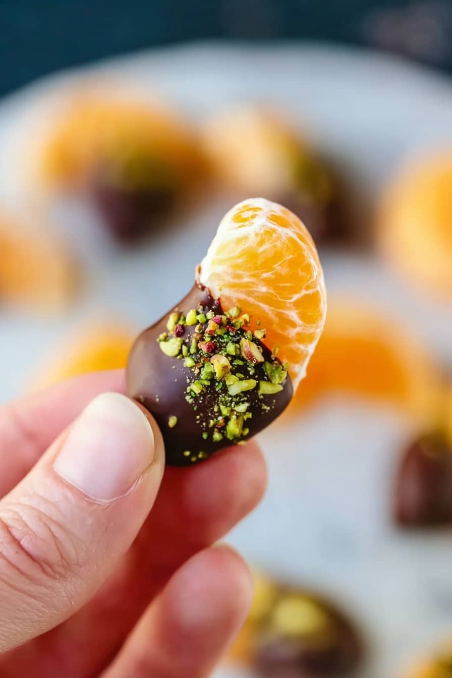 Chocolate Dipped Mandarin Slices Recipe 6 A close-up image showing a person holding a single tangerine segment partially dipped in dark chocolate, with colorful crushed nuts sprinkled on the chocolate part. The tangerine segment is bright orange with a smooth and slightly shiny texture. The dark chocolate layer is glossy and thick, covering half the segment. The crushed nuts add small bits of green and red, creating a textured topping. The person's fingers gently hold the tangerine segment, with a blurred background of more tangerine pieces and nuts on a white marbled surface. photo taken with an iphone --ar 2:3 --v 7 - Chocolate Dipped Mandarin Slices, simple citrus dessert, easy fruit chocolate treats, quick healthy snacks, homemade chocolate fruit dip