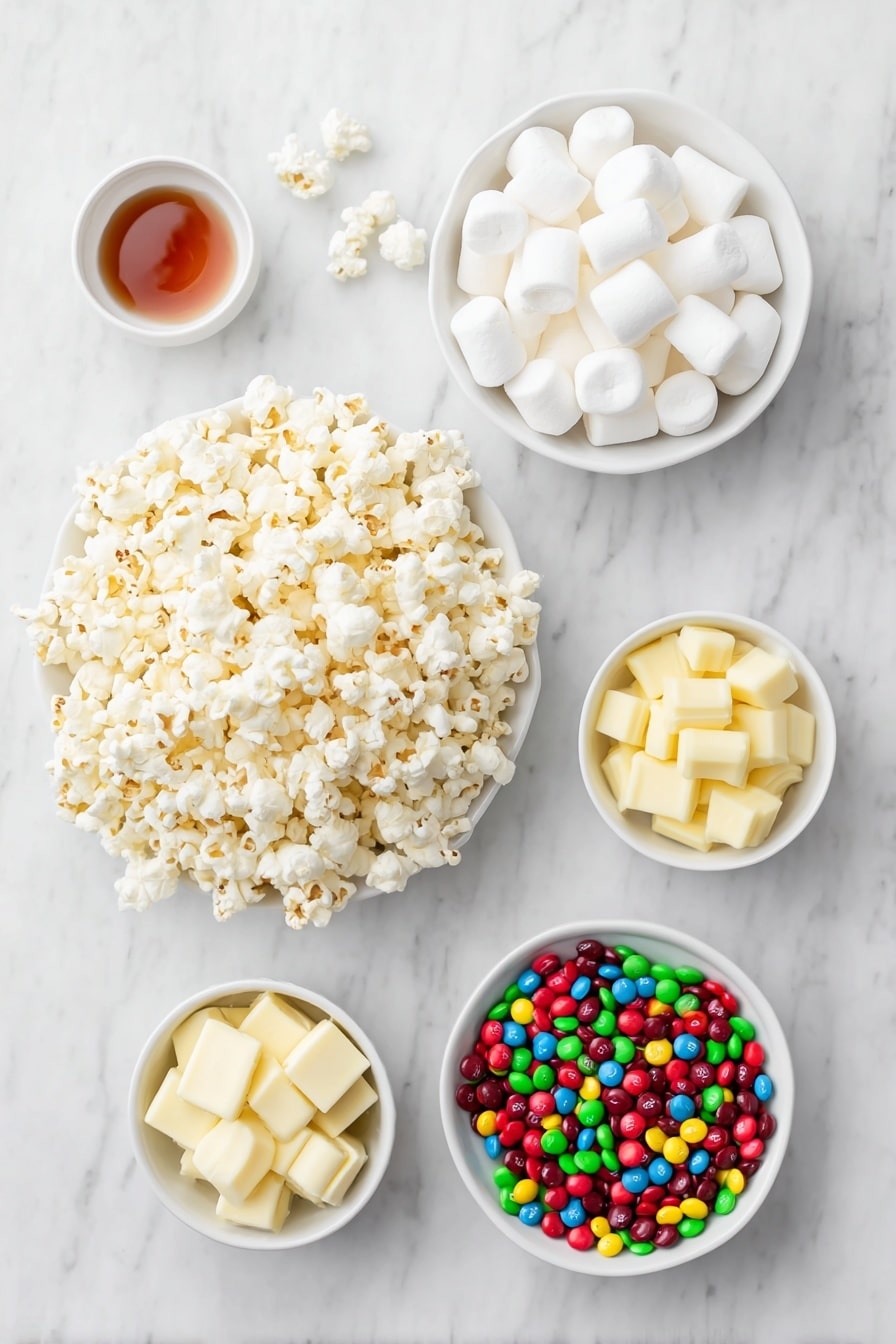 Flat lay of a large pile of fresh light butter popcorn with fluffy white marshmallows scattered nearby, a small white ceramic bowl filled with smooth white chocolate chips, a small white ceramic bowl holding golden yellow butter chunks, a small white ceramic bowl containing glossy amber corn syrup, and a simple white ceramic bowl brimming with colorful round candy-coated Sixlets in a vibrant mix of red, yellow, green, blue, and orange, all arranged in perfect symmetry on a clean white marble surface, soft natural light, photo taken with an iPhone, professional food photography style, fresh ingredients, white ceramic bowls, no bottles, no duplicates, no utensils, no packaging --ar 2:3 --v 7 --p m7354615311229779997 - White Chocolate Popcorn, White Chocolate Popcorn Snack, Sweet Popcorn Treat, Colorful Popcorn Snack, Easy Popcorn Dessert
