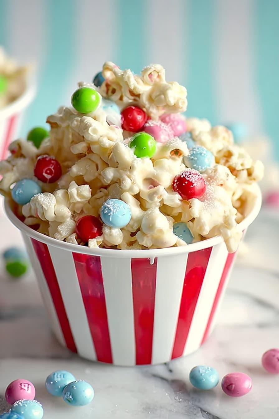 The image shows a white cup with red vertical stripes filled with popcorn covered in white chocolate and colorful round candy pieces in red, green, pink, blue, and white. The popcorn pieces are clustered tightly together, with candy balls scattered on top and around the cup. The cup sits on a white marbled surface with a soft striped background in light blue and white. The scene is bright and cheerful, with a close-up focus on the cup and its sweet, crunchy contents photo taken with an iphone --ar 2:3 --v 7 - White Chocolate Popcorn, White Chocolate Popcorn Snack, Sweet Popcorn Treat, Colorful Popcorn Snack, Easy Popcorn Dessert