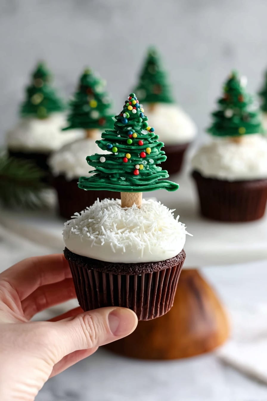 Chocolate Christmas Tree Cupcakes Recipe 6 A dark brown cupcake topped with a thick layer of white frosting that looks like soft snow, sprinkled lightly with shredded white coconut creating a fluffy texture. On top of the frosting stands a small green Christmas tree made of piped green icing with colorful small round sprinkles as ornaments. The tree trunk is a light brown stick inserted into the cupcake. The cupcake is held by a woman's hand in the foreground, with more similarly decorated cupcakes blurred in the background on a white marbled surface and a wooden cake stand. photo taken with an iphone --ar 2:3 --v 7 - Chocolate Christmas Tree Cupcakes, festive holiday cupcakes, Christmas dessert recipes, Christmas cupcake decorating ideas, holiday baking desserts