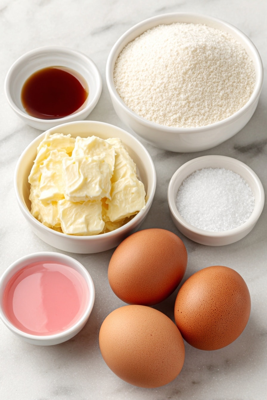 Flat lay of four large whole brown eggs with clean shells, a small white ceramic bowl of fine granulated sugar, a small white ceramic bowl holding cream of tartar powder, a small white ceramic bowl with kosher salt crystals, a small white ceramic bowl containing clear vanilla extract, and a delicate drop of pale pink icing color in a tiny white ceramic bowl, all arranged in perfect symmetry on a clean white marble surface, soft natural light, photo taken with an iPhone, professional food photography style, fresh ingredients, white ceramic bowls, no bottles, no duplicates, no utensils, no packaging --ar 2:3 --v 7 --p m7354615311229779997 - Easy Vanilla Meringue Cookies, vanilla meringue cookies, light meringue treats, homemade meringue, delicious vanilla cookies