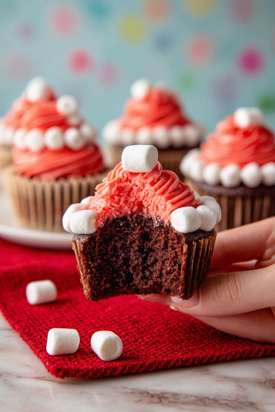 Three chocolate cupcakes are placed on a red woven cloth over a white marbled surface. Each cupcake has a dark brown base and is topped with a swirl of bright red frosting shaped like a small cone. Around the base of the frosting swirl, there is a ring of small white marshmallows, and one marshmallow sits on the top of the red frosting swirl. The background has a white base with colorful polka dots in red, green, yellow, and brown evenly spaced out. photo taken with an iphone --ar 2:3 --v 7 - Santa Hat Cupcakes with Mini Marshmallows, festive holiday cupcakes, Christmas cupcakes recipe, cute holiday dessert ideas, easy Christmas cupcakes