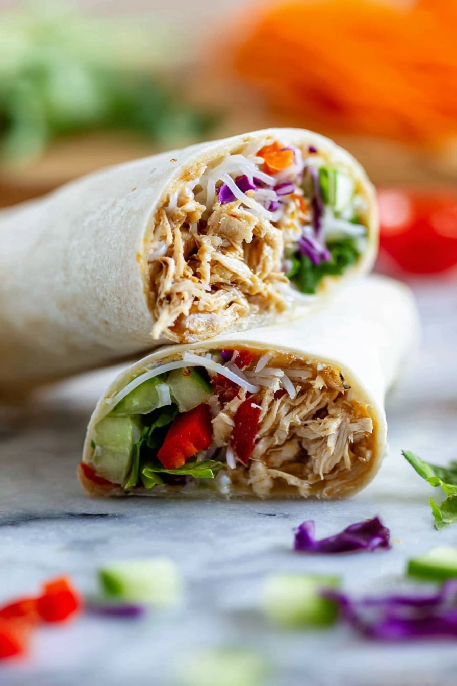The image shows one wrap cut in half placed on a white marbled surface, with the layers inside clearly visible. The wrap’s outer layer is a soft, white tortilla. Inside, there is a layer of shredded light brown grilled chicken mixed with thin white rice noodles. Opposite the chicken layer, there is a colorful mix of fresh vegetables including dark green cucumber slices, bright red bell pepper pieces, and vibrant purple cabbage, all nestled next to some fresh green herbs. The wrap halves stand upright, with the cut side facing forward, and scattered vegetable pieces around them add detail to the scene. The background shows a blurred orange and green hint, enhancing the focus on the wrap. Photo taken with an iphone --ar 2:3 --v 7 - Chicken Teriyaki Wraps, Asian-inspired chicken wraps, quick dinner recipes, healthy lunch ideas, flavorful chicken wraps