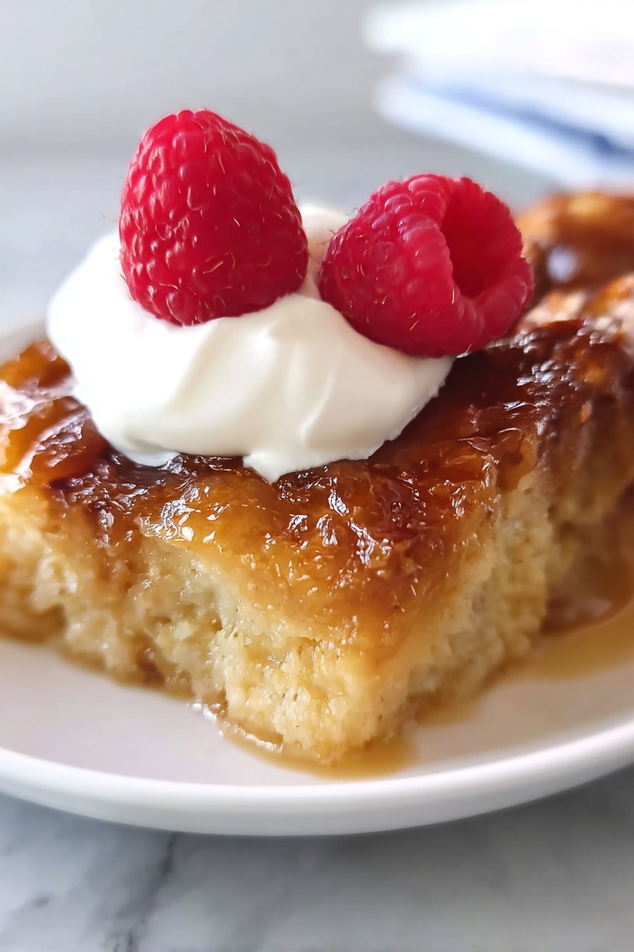 Overnight Creme Brûlée French Toast Bake Recipe 8 The image shows a white plate with three square pieces of golden brown cake arranged in a row. The cakes have a shiny, caramelized top layer with a sticky texture. On top of the cake in the middle, there is a dollop of white cream, and two bright red raspberries rest beside it. A fork is pressing a piece from the middle cake, lifting it slightly; the fork has some white cream on its tines. The plate sits on a white marbled surface, and a blurred bowl of raspberries and another bowl with a creamy white substance appear in the background. Photo taken with an iphone --ar 2:3 --v 7 - Overnight Creme Brûlée French Toast Bake, brunch casserole with caramel crust, easy overnight breakfast, sweet French toast bake, decadent breakfast recipe